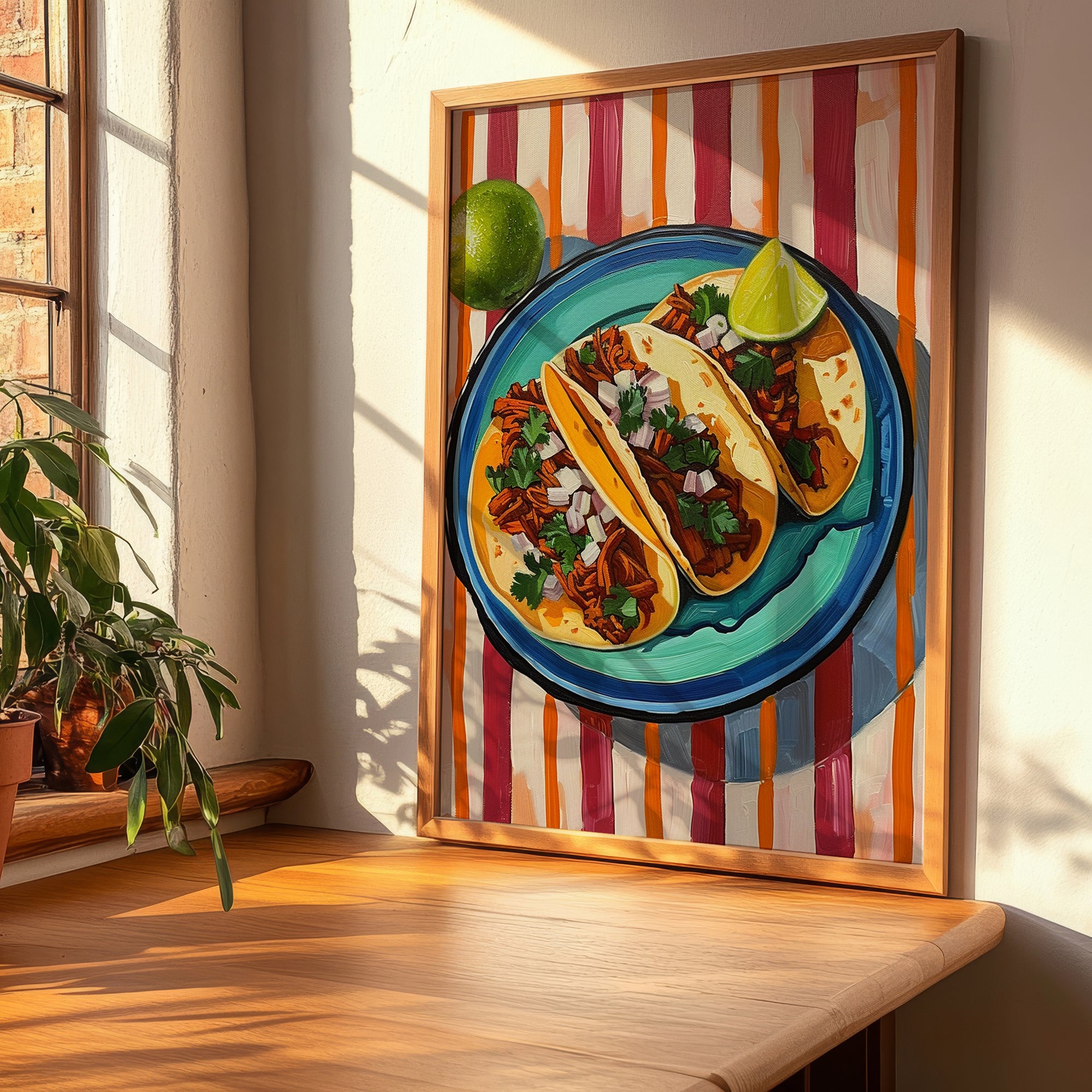 Tacos al Pastor – on Striped Tablecloth, Mexican Food Illustration, clean layout with no caption