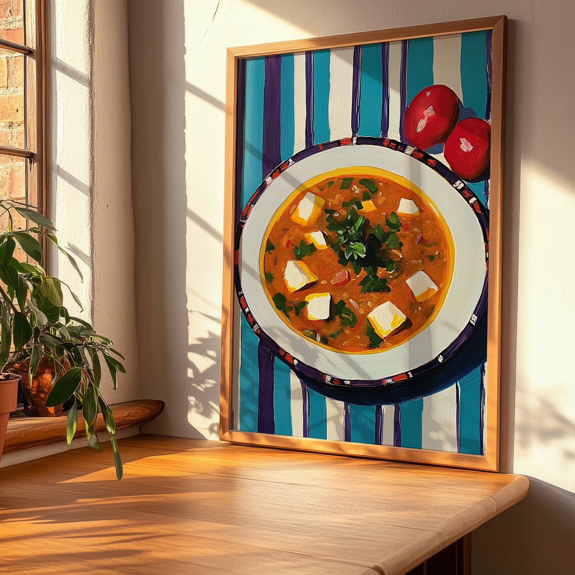 Pozole – on Striped Tablecloth, Mexican Food Print, clean layout with no caption