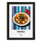 Pozole – on Striped Tablecloth, Mexican Food Print, in sleek black frame