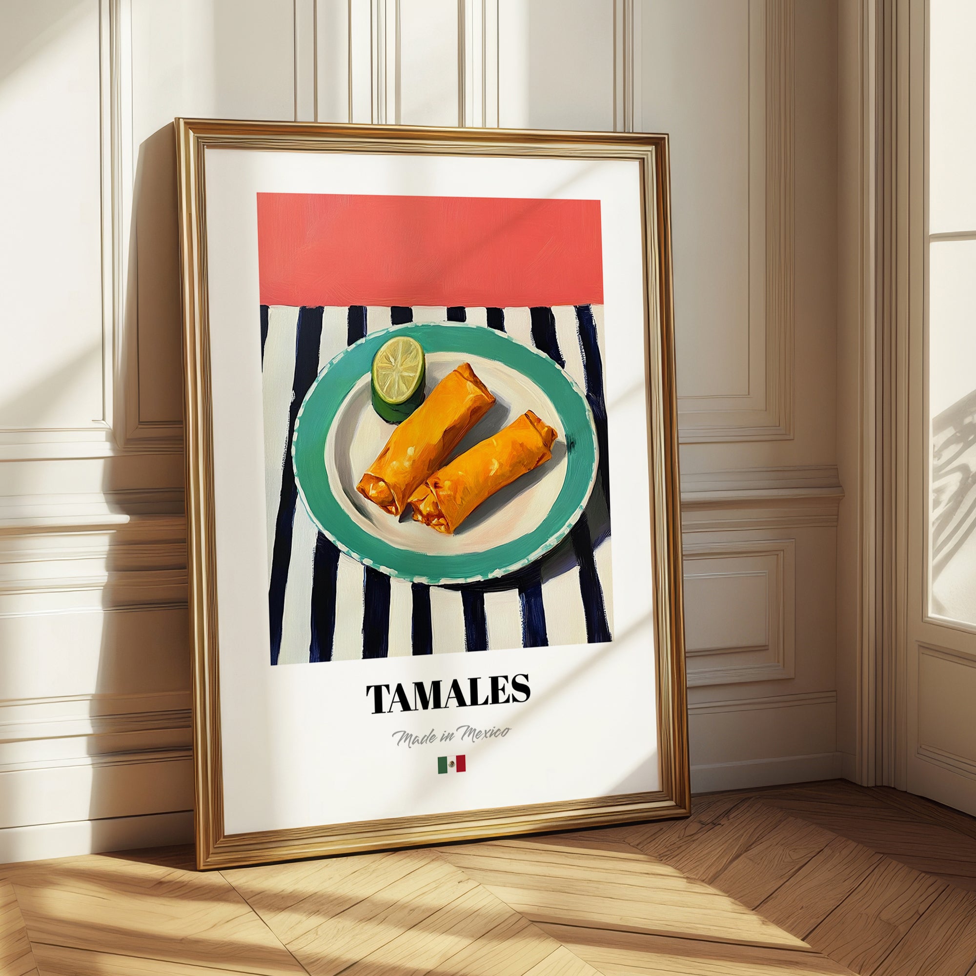 Tamales – on Striped Tablecloth, Mexican Food Wall Decor
