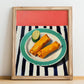 Tamales – on Striped Tablecloth, Mexican Food Wall Decor, no-text version framed in wood
