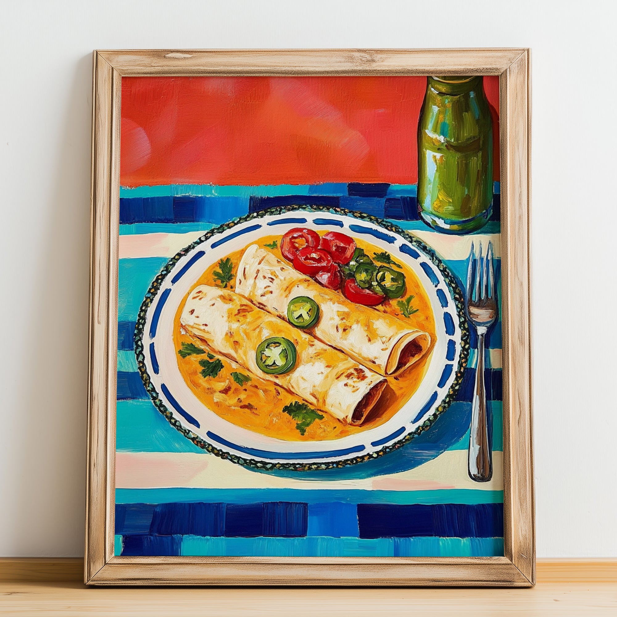 Enchiladas – Colorful Oil Painting, Mexican Food Painting, no-text version framed in wood