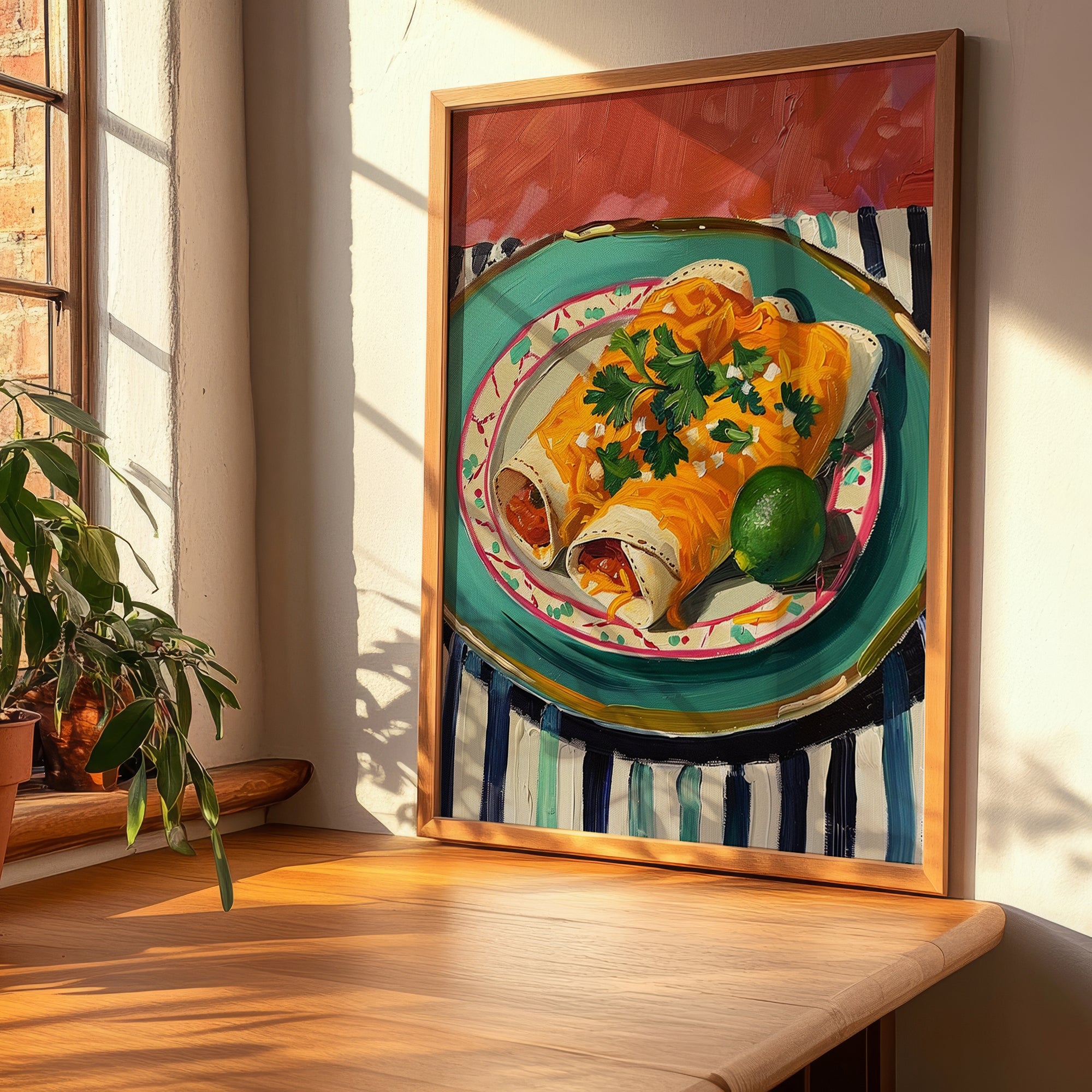 Enchiladas – on Striped Tablecloth, Mexican Food Illustration, clean layout with no caption