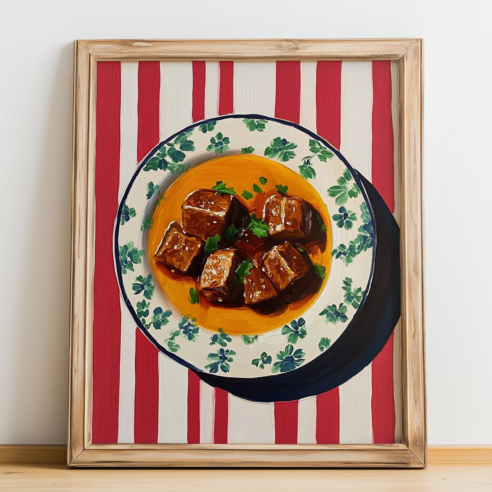 Birria – on Striped Tablecloth, Mexican Food Wall Decor, no-text version framed in wood