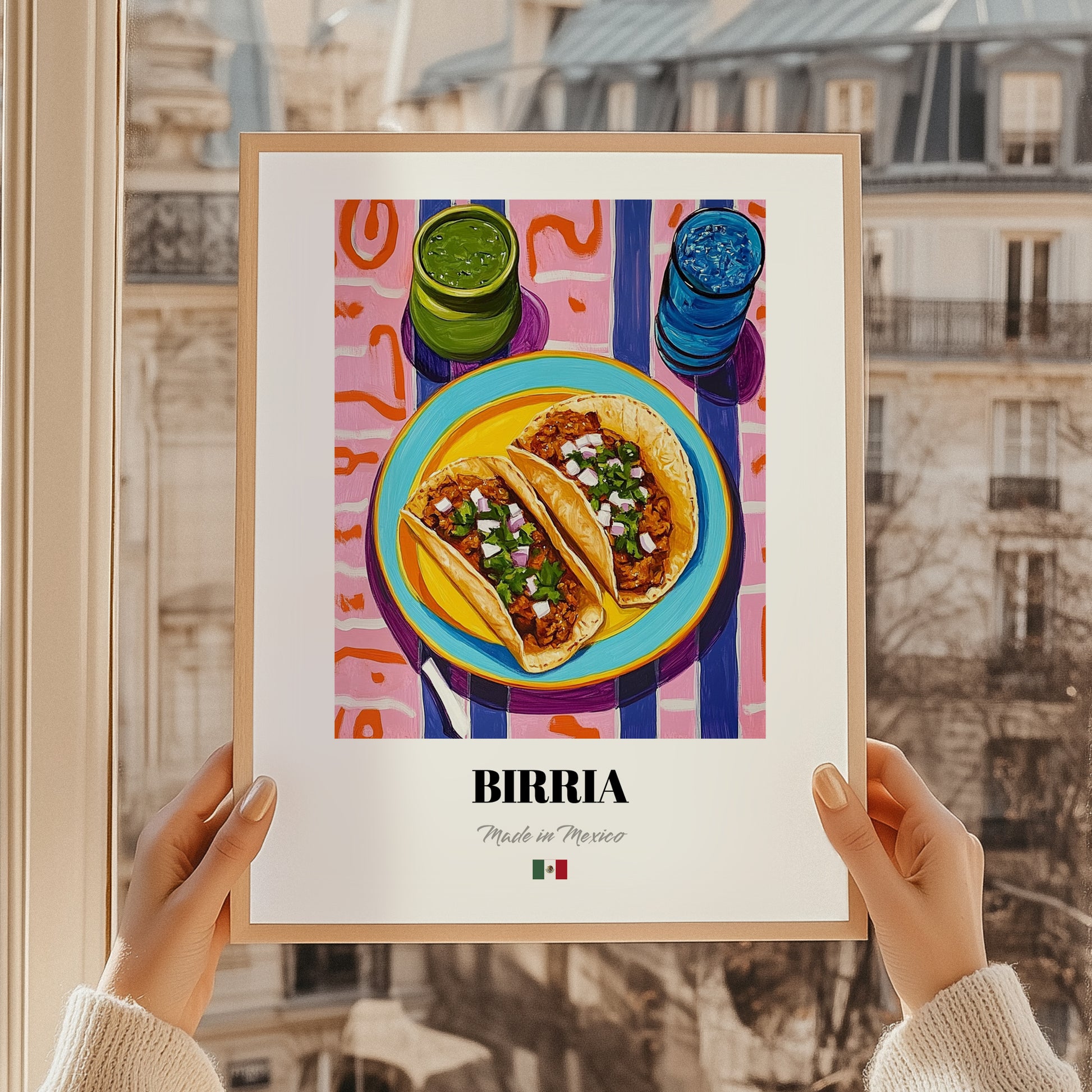 Birria – Colorful Oil Painting, Mexican Food Wall Decor, styled in a charming Paris street view