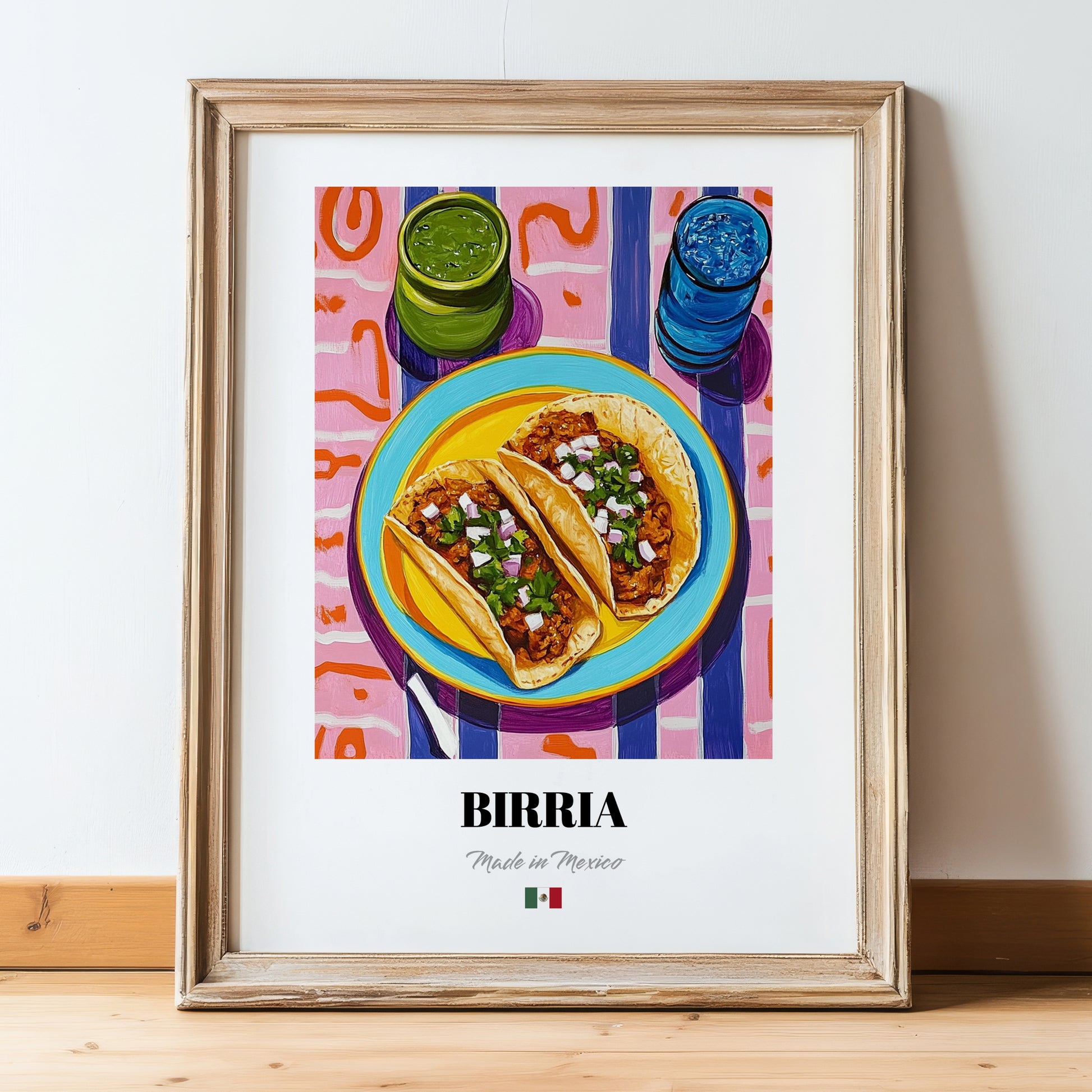 Birria – Colorful Oil Painting, Mexican Food Wall Decor, in wooden frame leaning on the floor