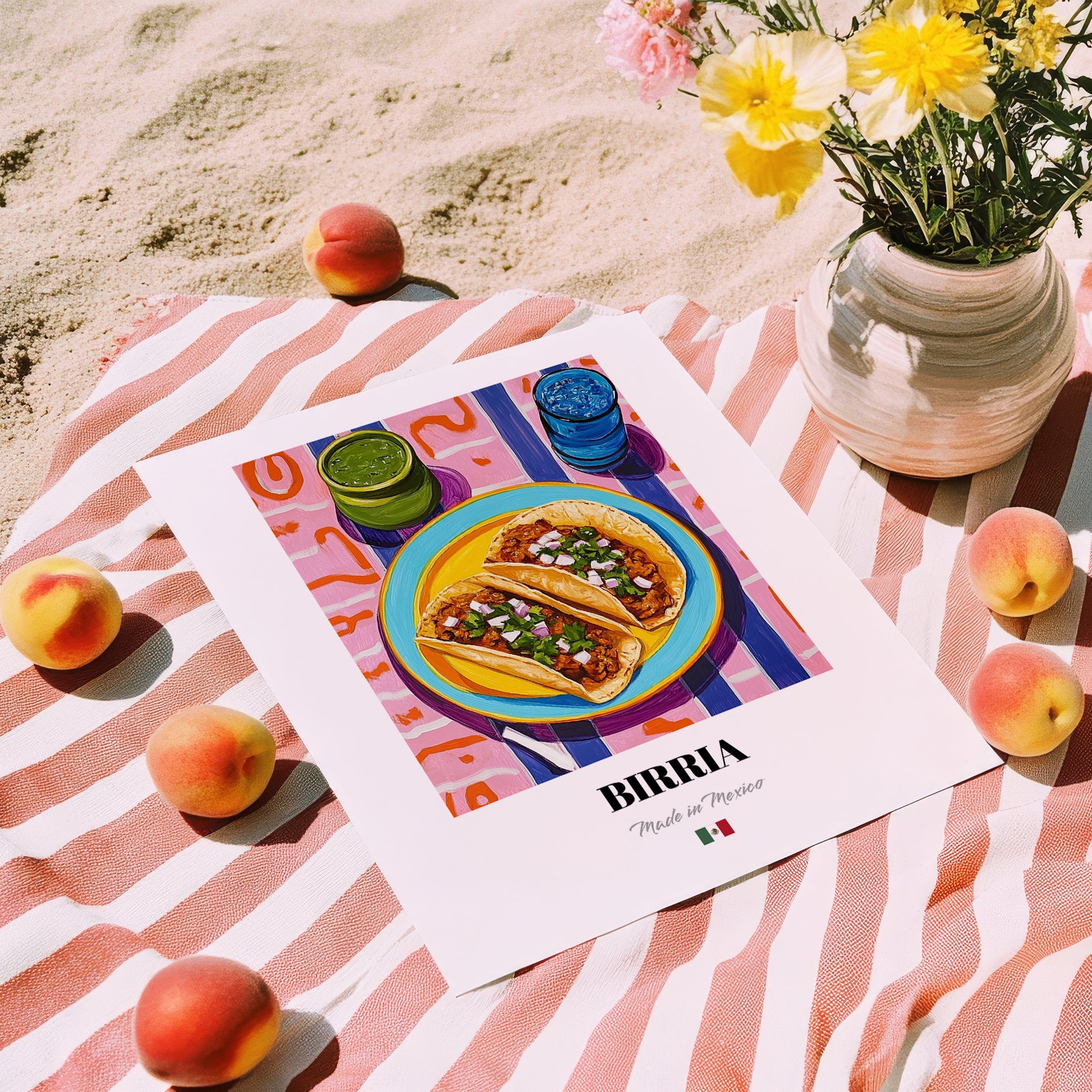 Birria – Colorful Oil Painting, Mexican Food Wall Decor, unframed on coastal sand