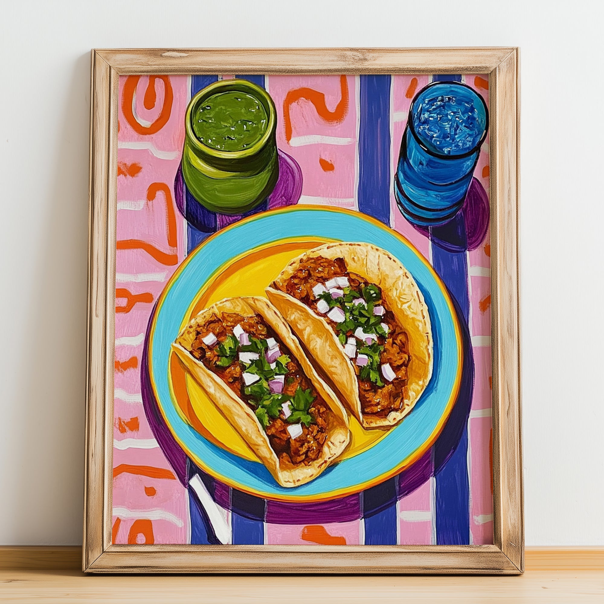 Birria – Colorful Oil Painting, Mexican Food Wall Decor, no-text version framed in wood