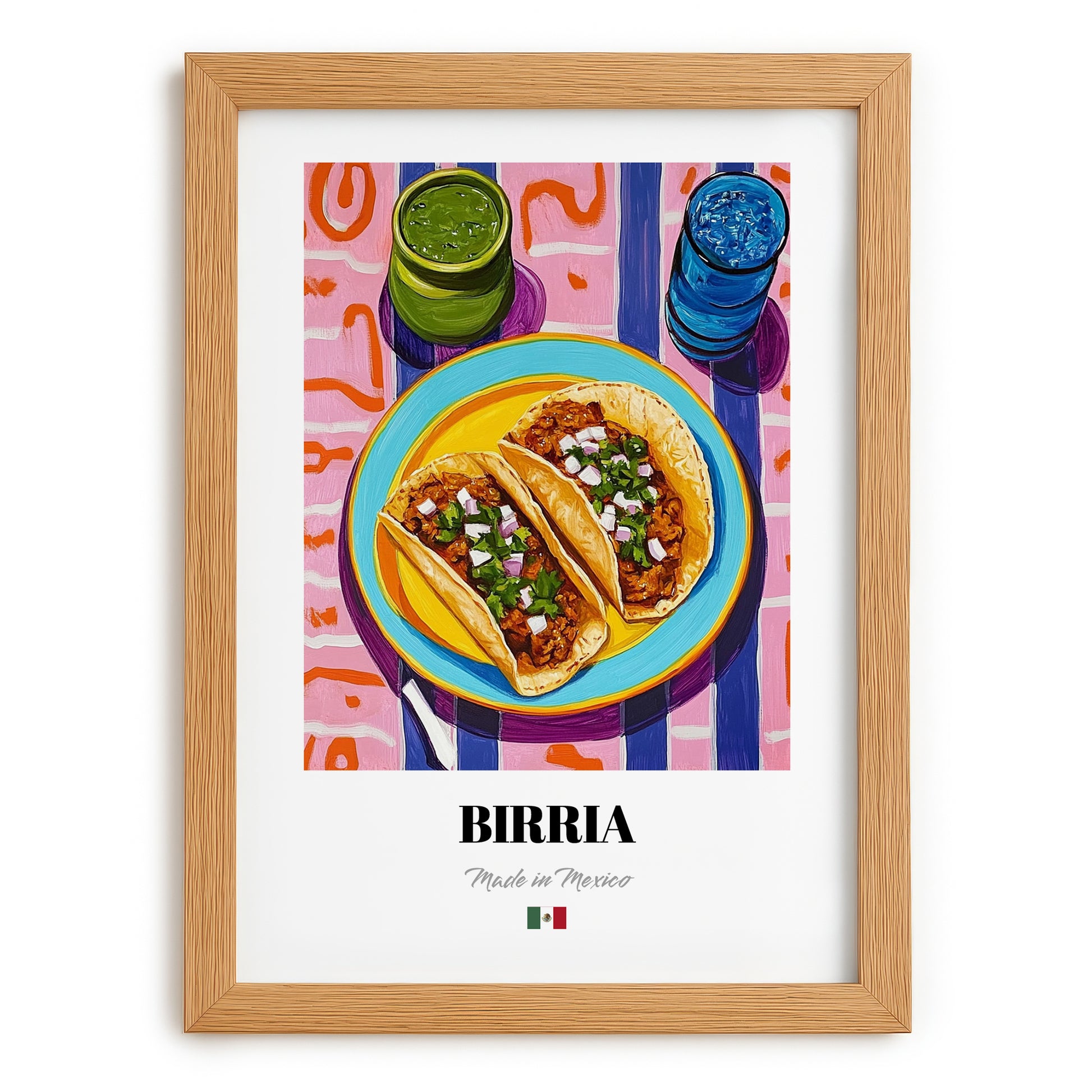 Birria – Colorful Oil Painting, Mexican Food Wall Decor, set in oak frame