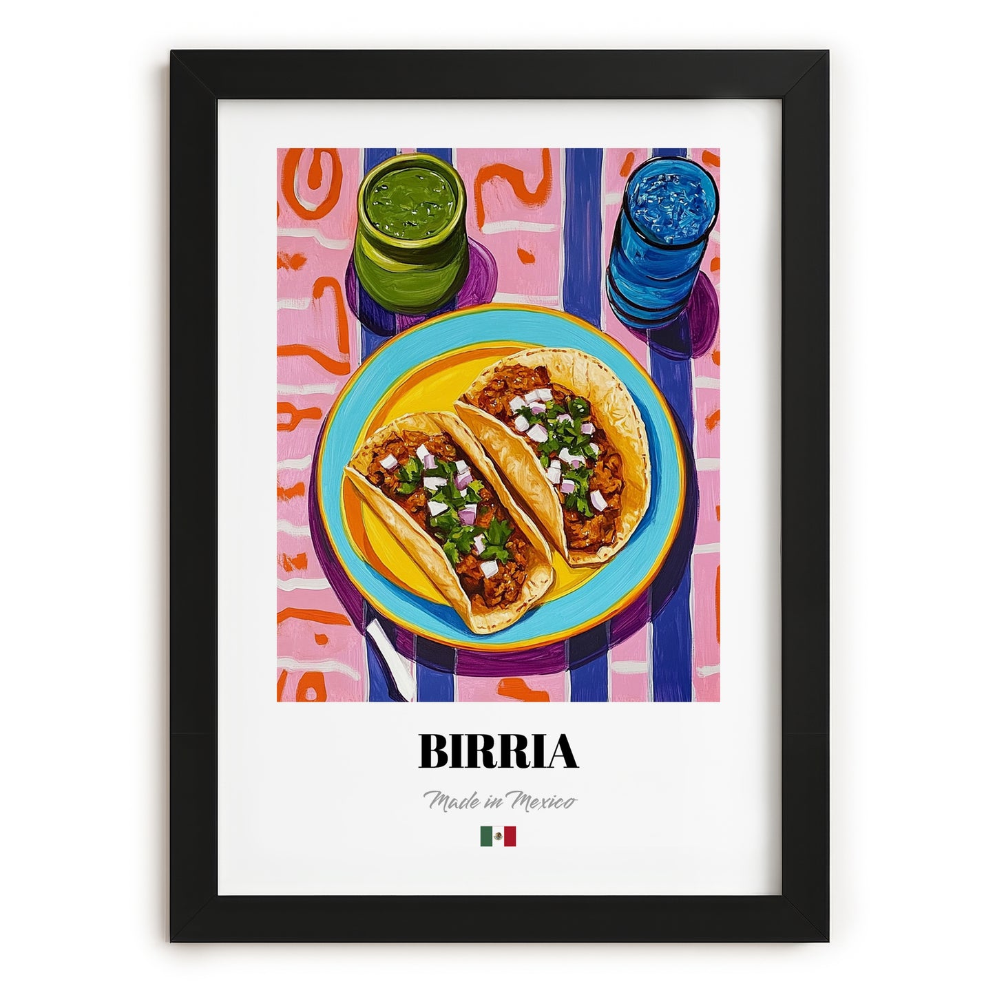 Birria – Colorful Oil Painting, Mexican Food Wall Decor, in sleek black frame