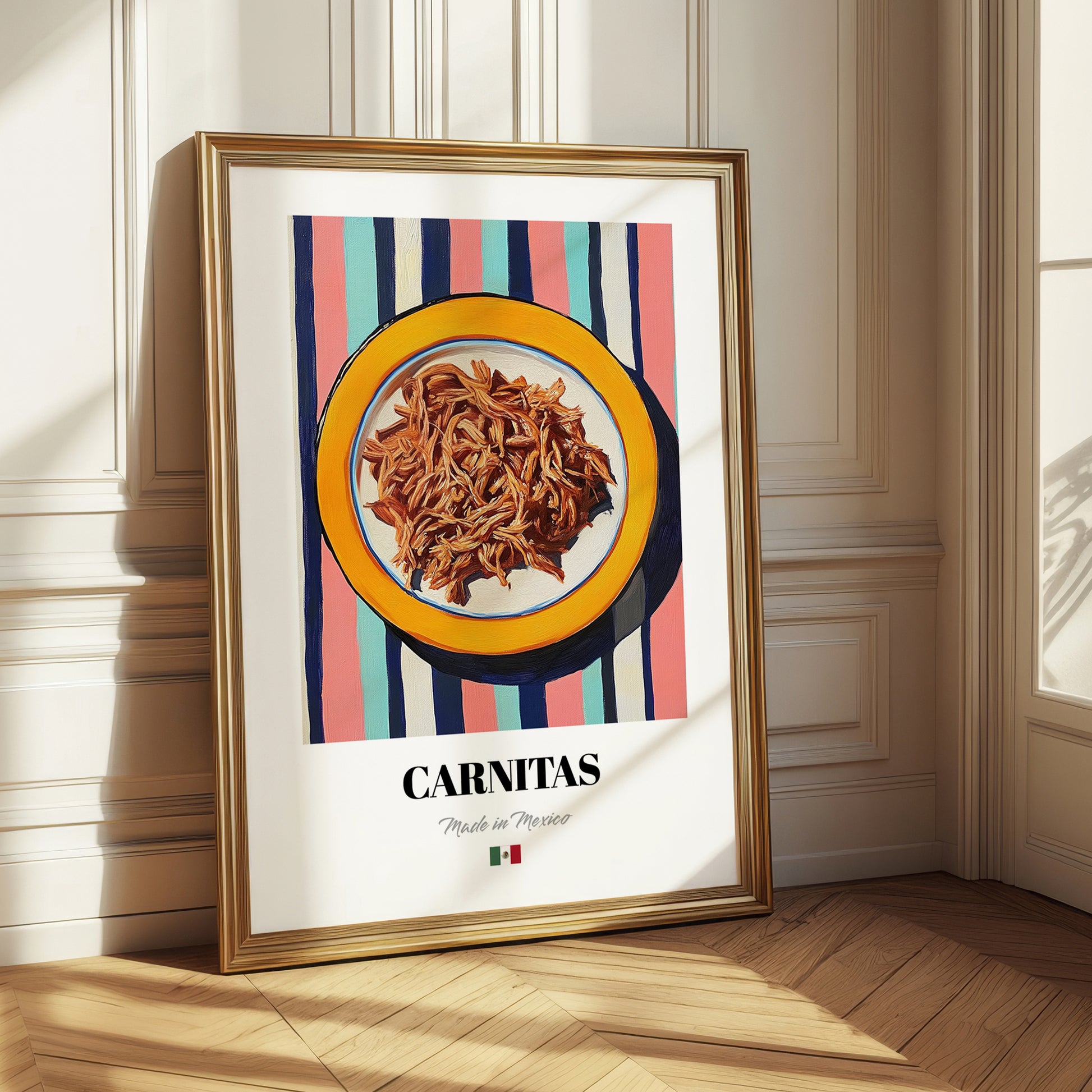 Carnitas – on Striped Tablecloth, Mexican Food Illustration