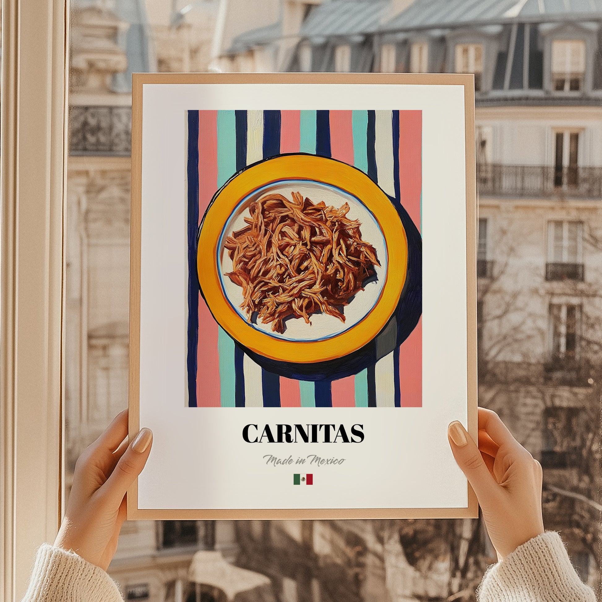 Carnitas – on Striped Tablecloth, Mexican Food Illustration, styled in a charming Paris street view
