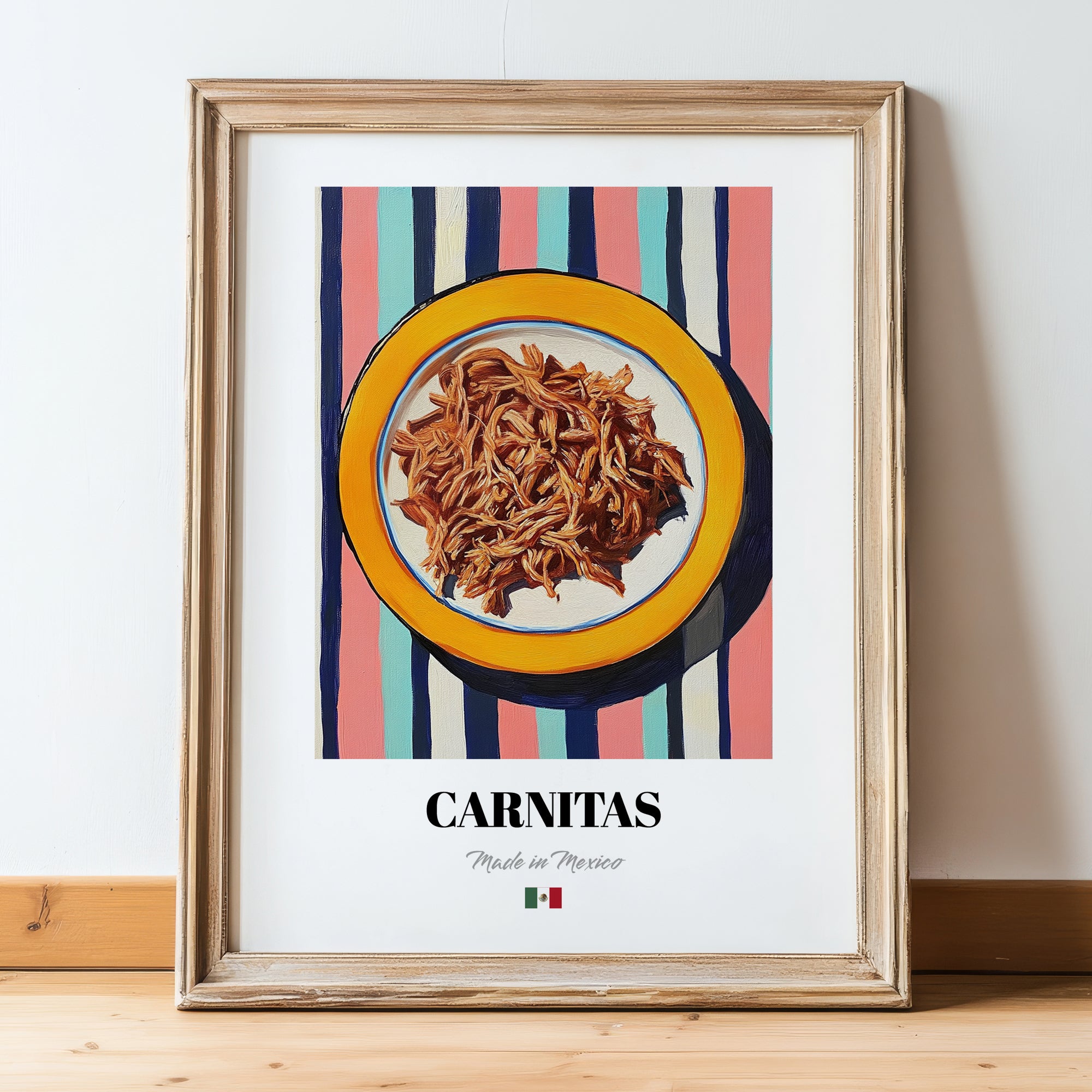 Carnitas – on Striped Tablecloth, Mexican Food Illustration, in wooden frame leaning on the floor