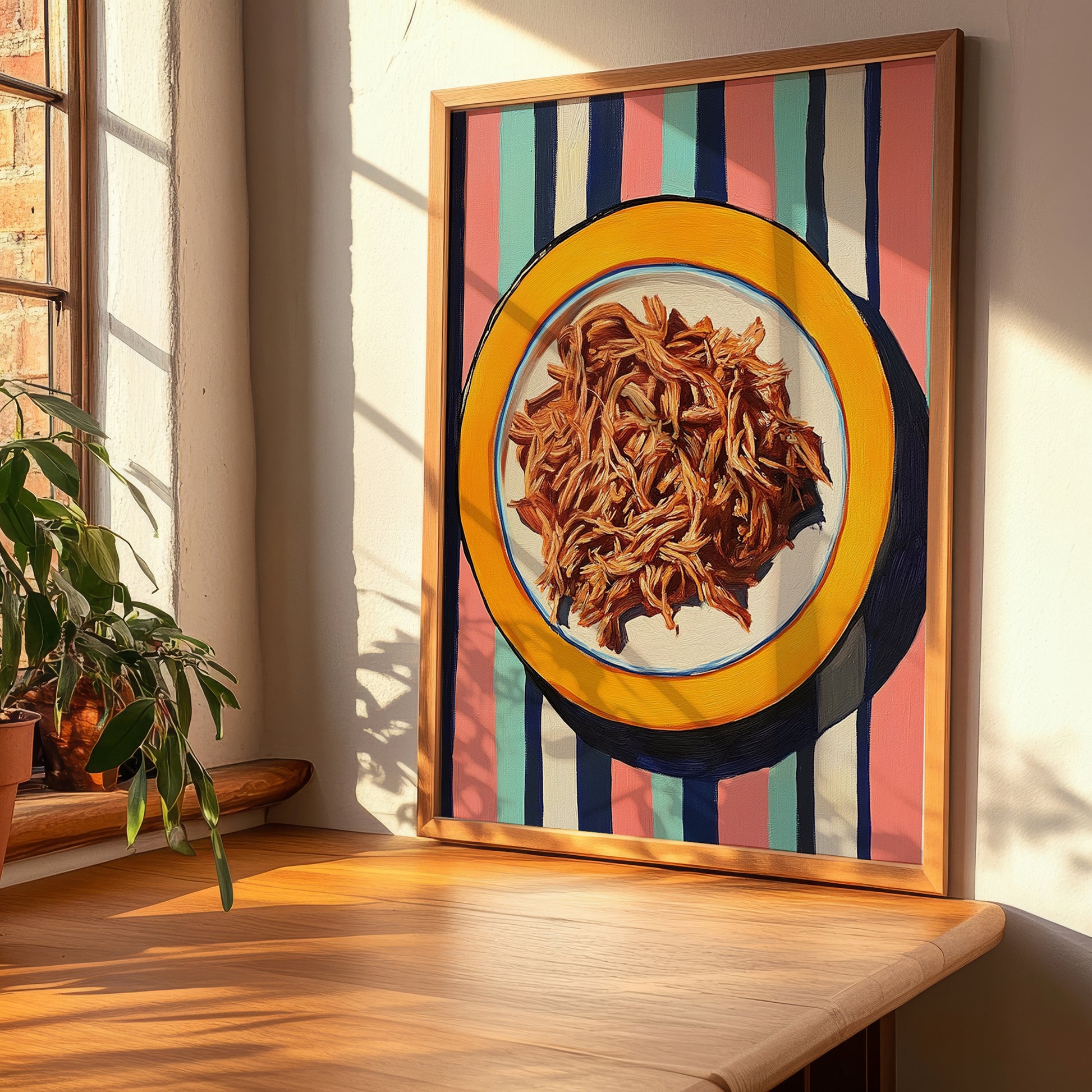 Carnitas – on Striped Tablecloth, Mexican Food Illustration, clean layout with no caption