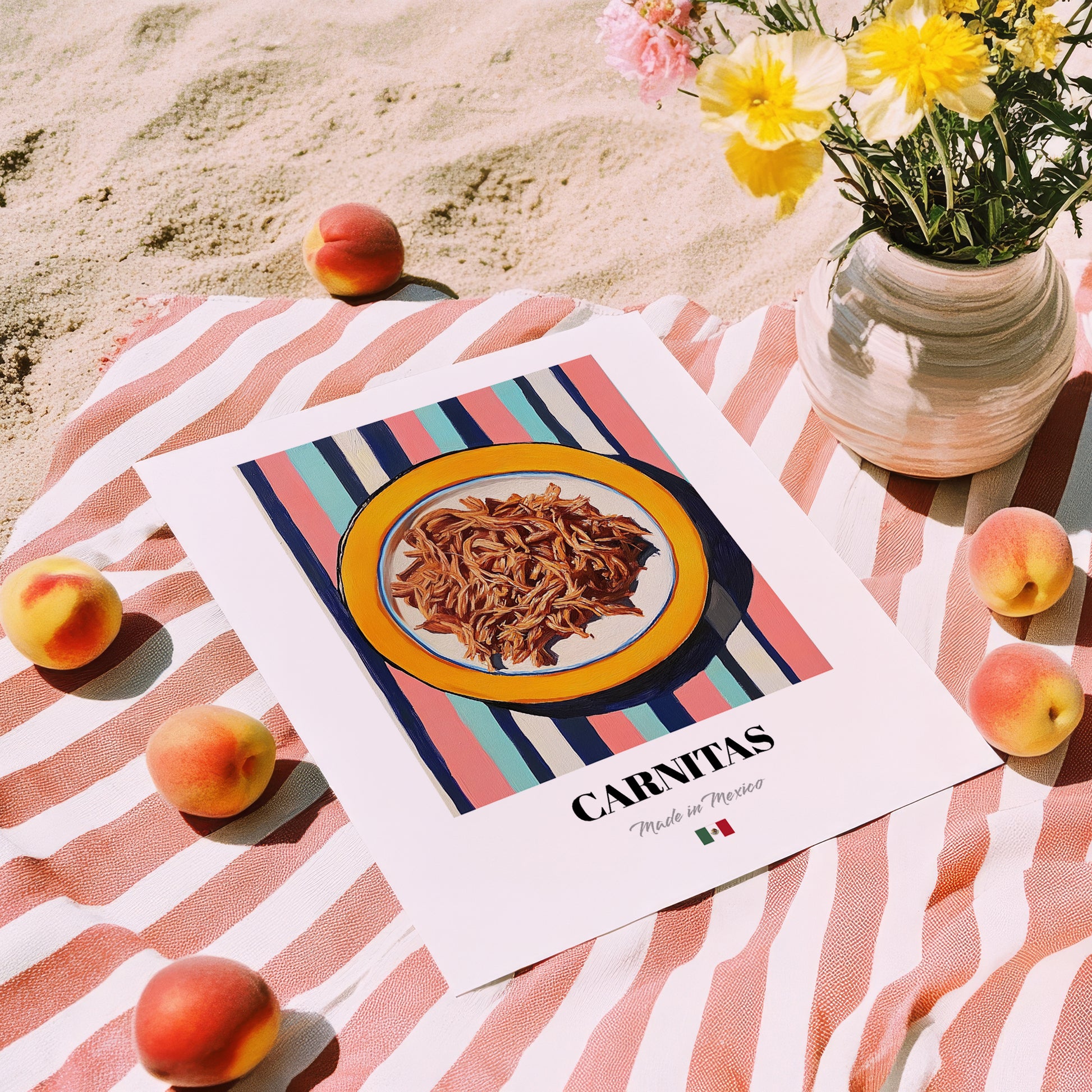 Carnitas – on Striped Tablecloth, Mexican Food Illustration, unframed on coastal sand