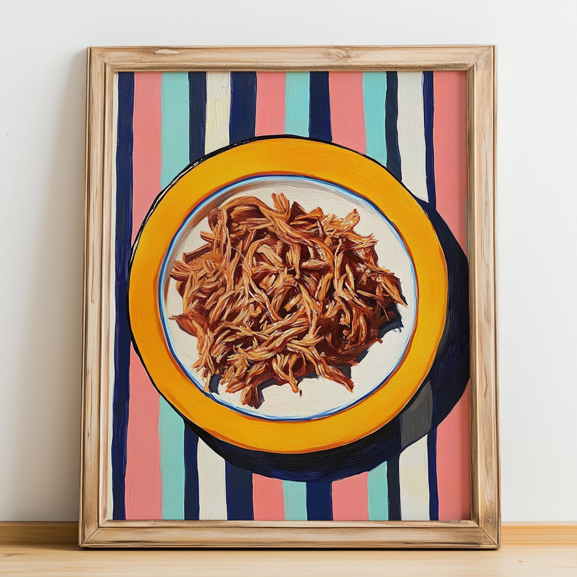 Carnitas – on Striped Tablecloth, Mexican Food Illustration, no-text version framed in wood