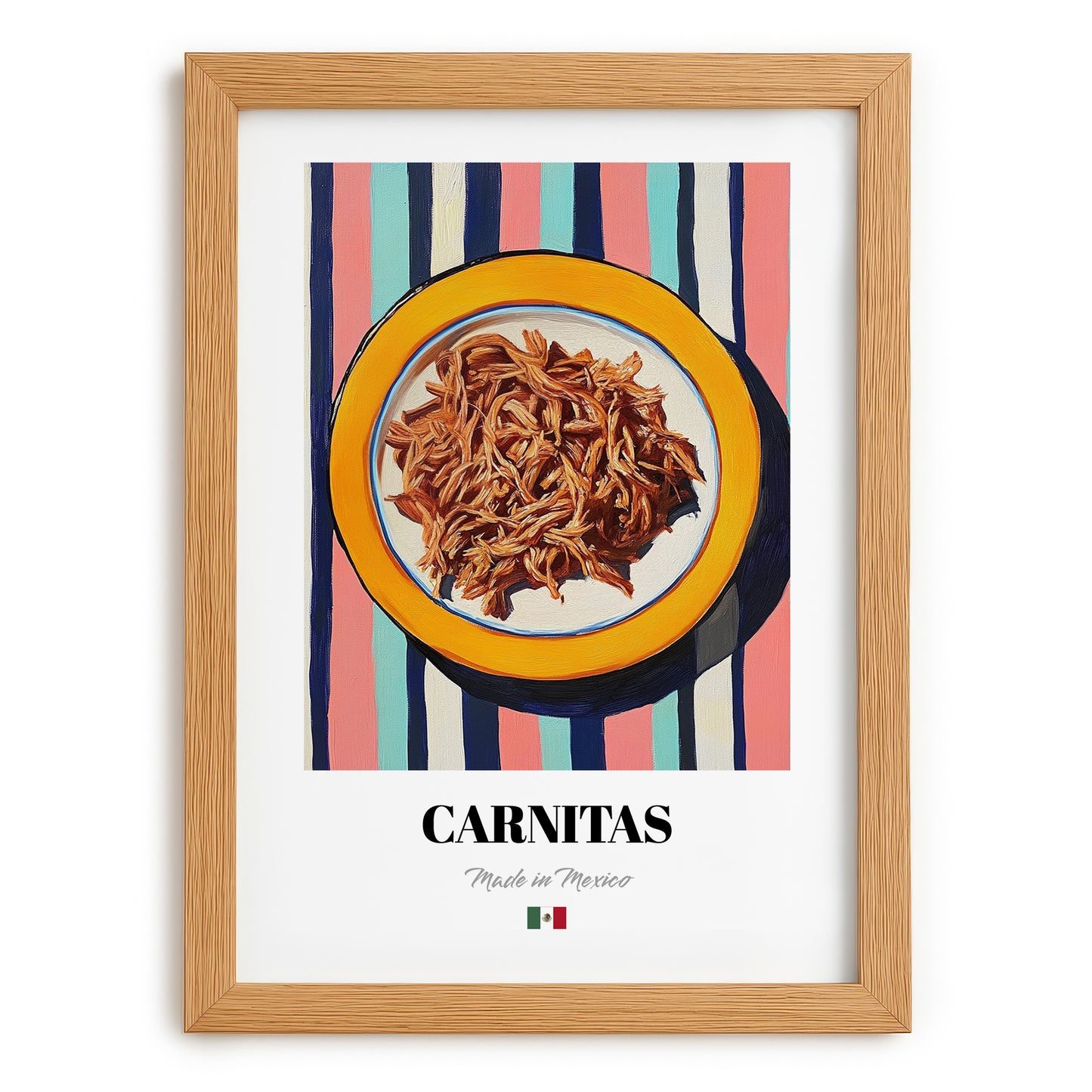 Carnitas – on Striped Tablecloth, Mexican Food Illustration, set in oak frame