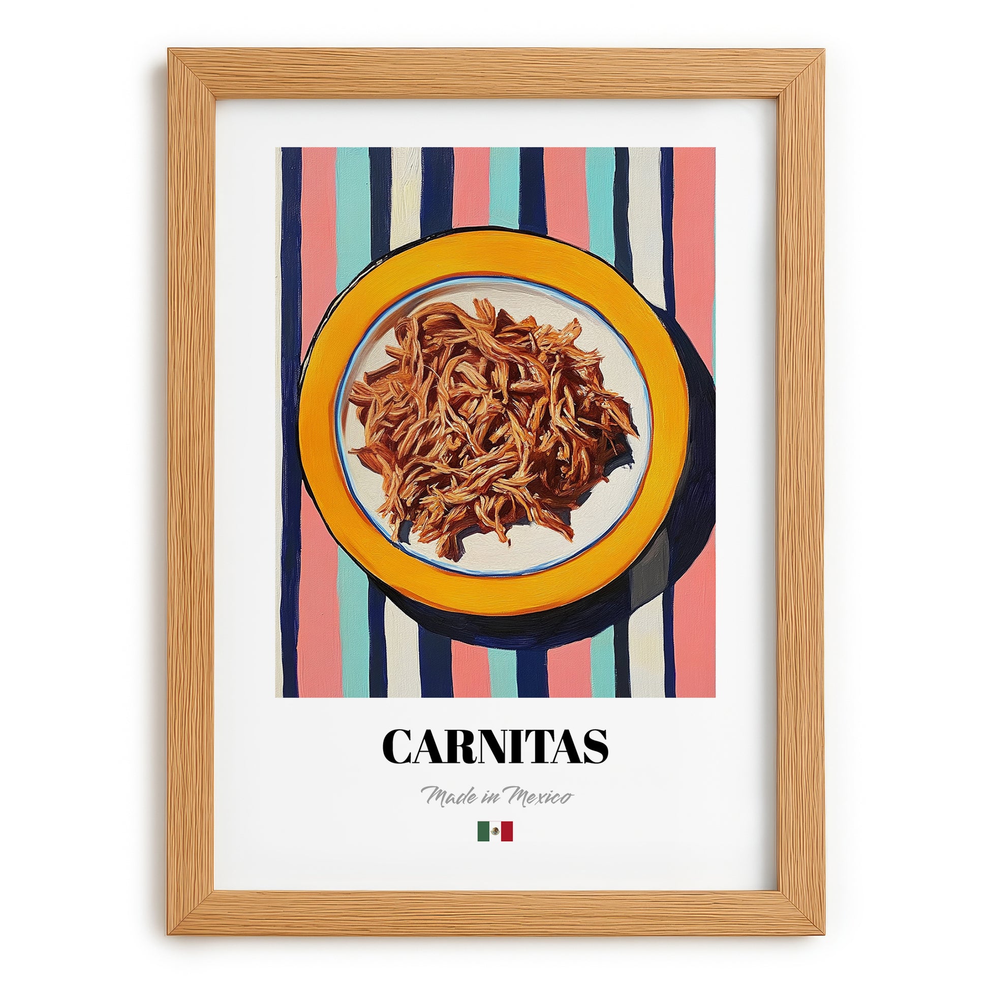 Carnitas – on Striped Tablecloth, Mexican Food Illustration, set in oak frame