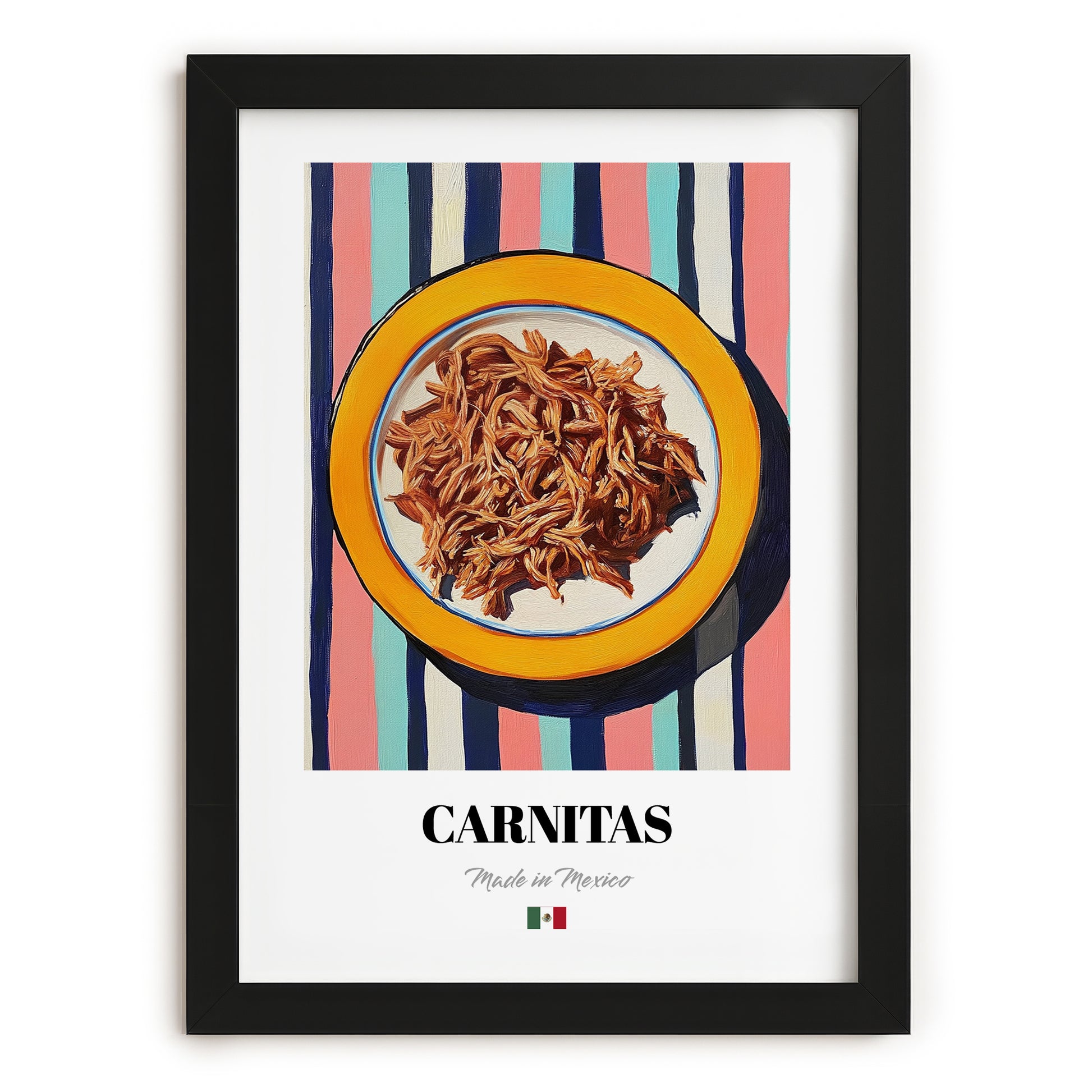 Carnitas – on Striped Tablecloth, Mexican Food Illustration, in sleek black frame