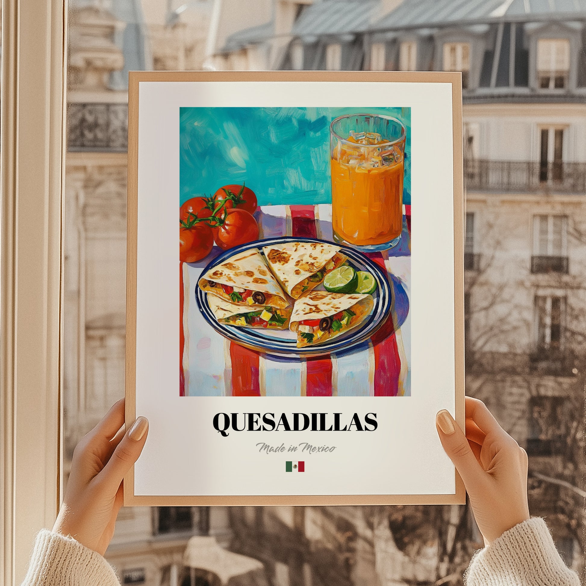 Quesadillas – Colorful Oil Painting, Mexican Cheese Painting, styled in a charming Paris street view