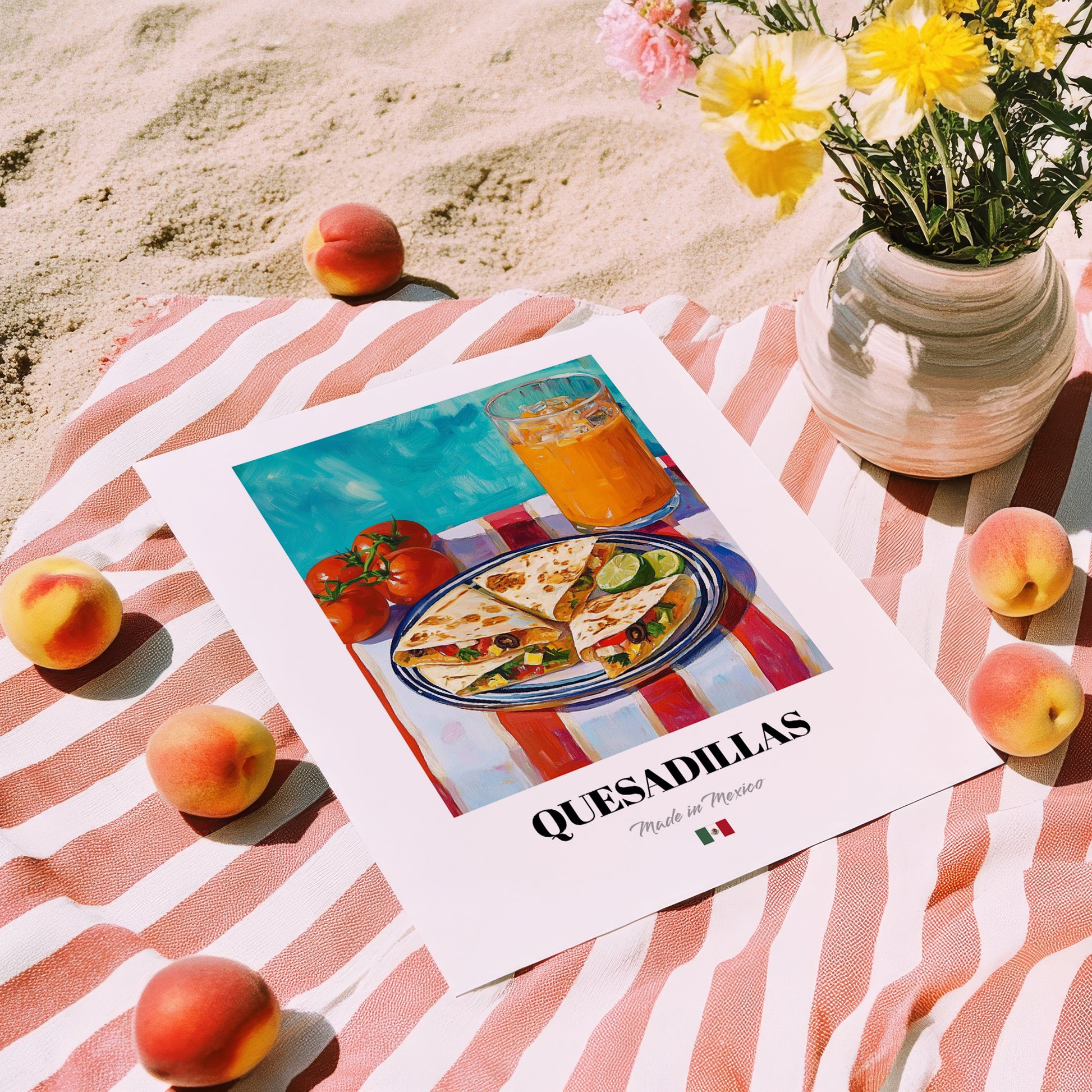 Quesadillas – Colorful Oil Painting, Mexican Cheese Painting, unframed on coastal sand