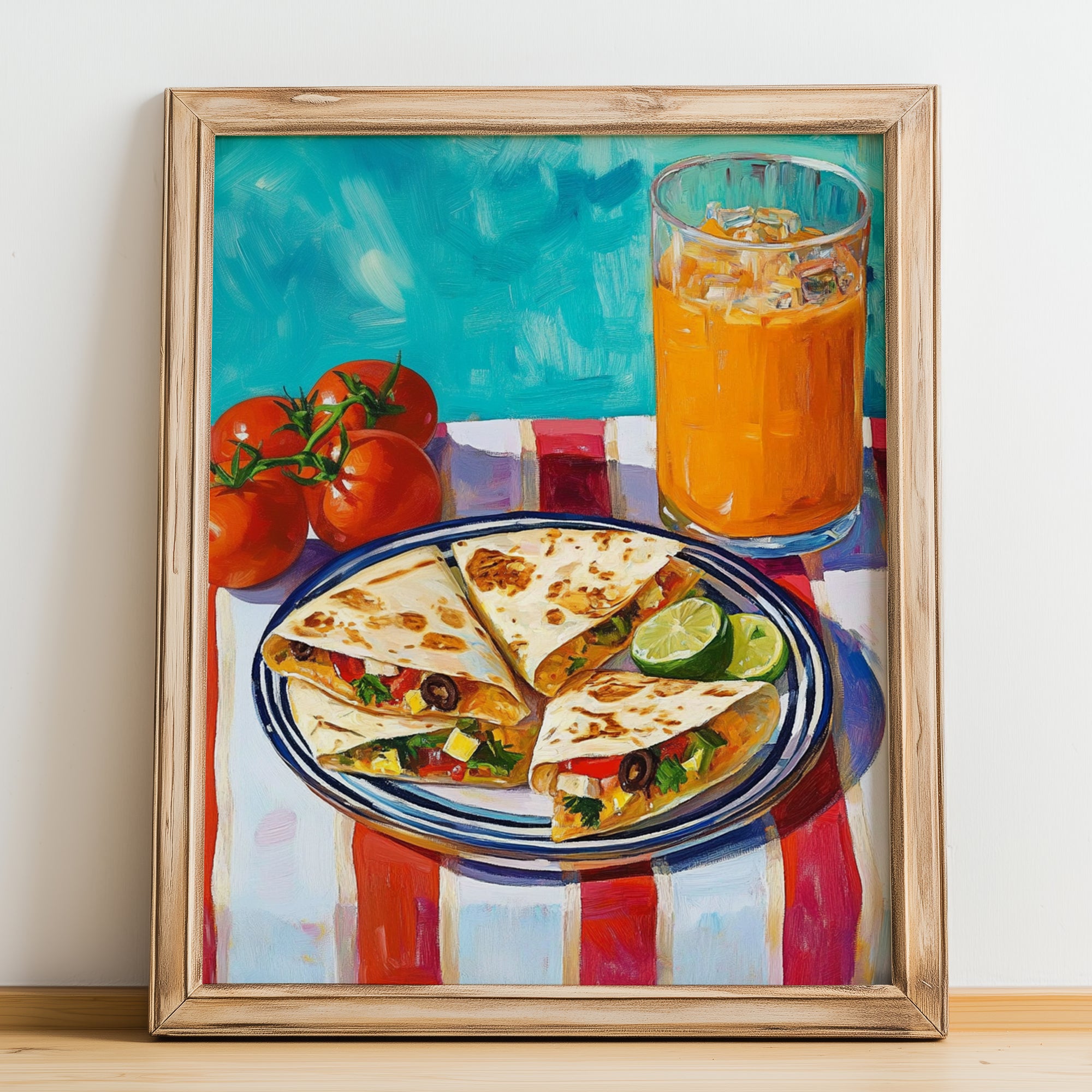 Quesadillas – Colorful Oil Painting, Mexican Cheese Painting, no-text version framed in wood