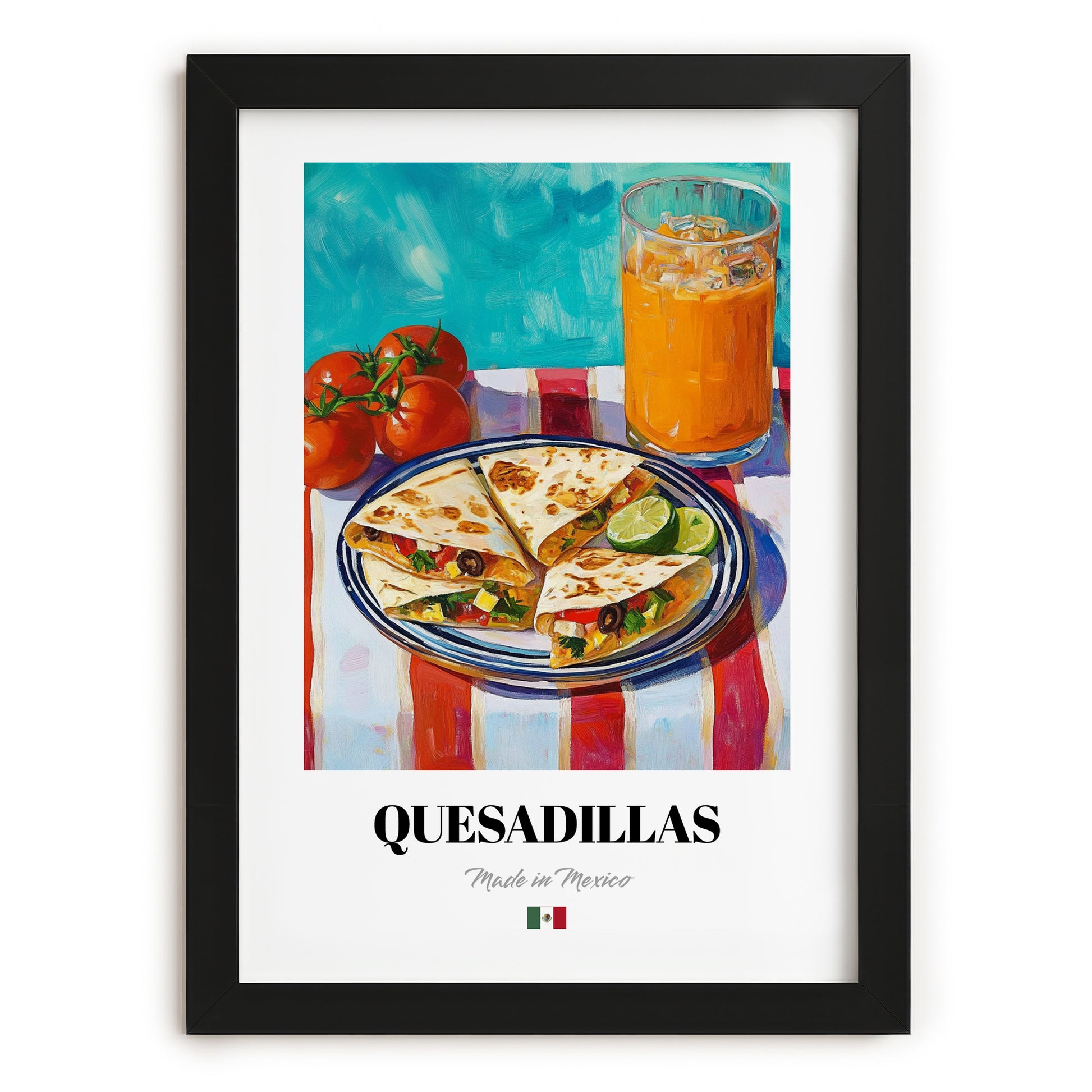 Quesadillas – Colorful Oil Painting, Mexican Cheese Painting, in sleek black frame