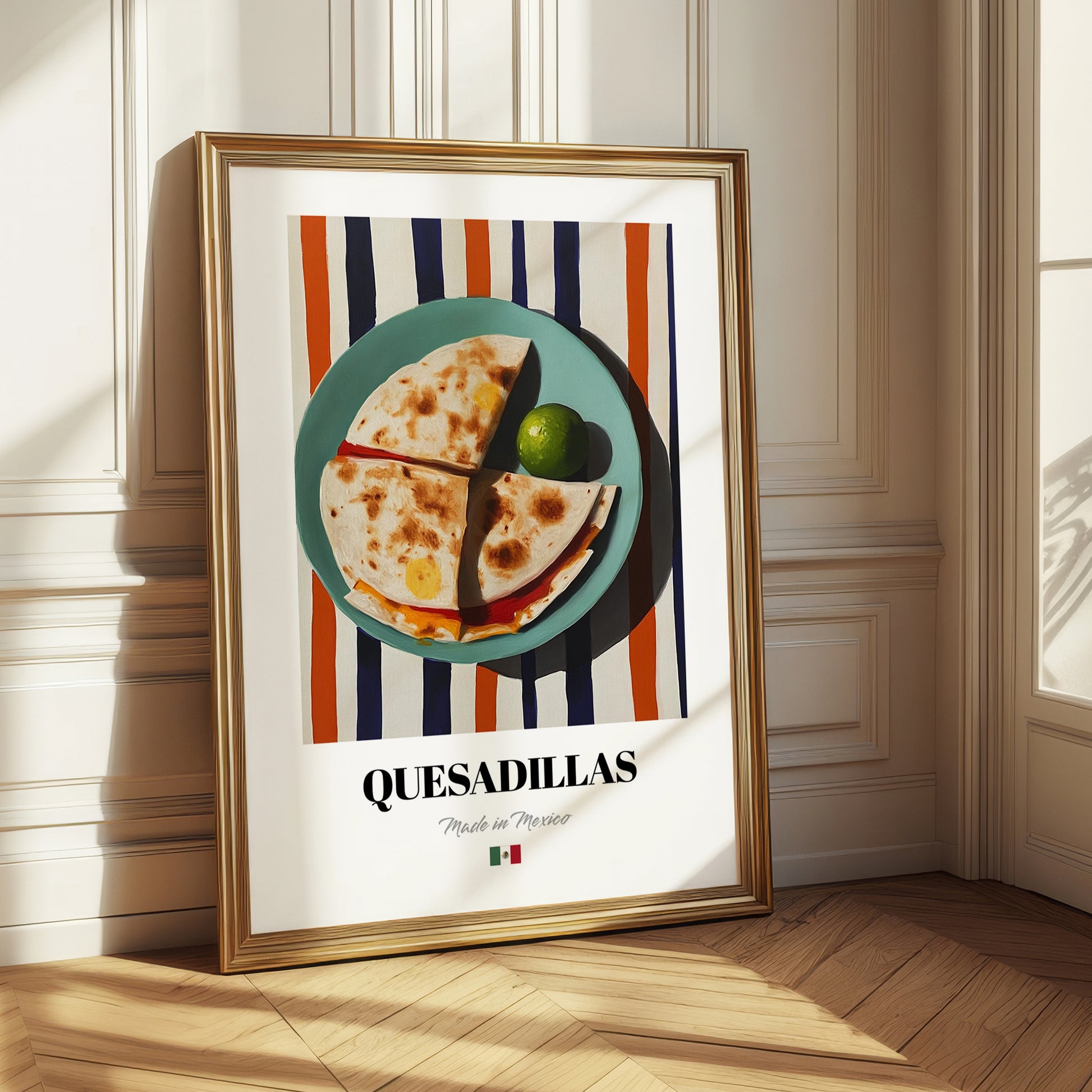 Quesadillas – on Striped Tablecloth, Mexican Cheese Wall Art 
