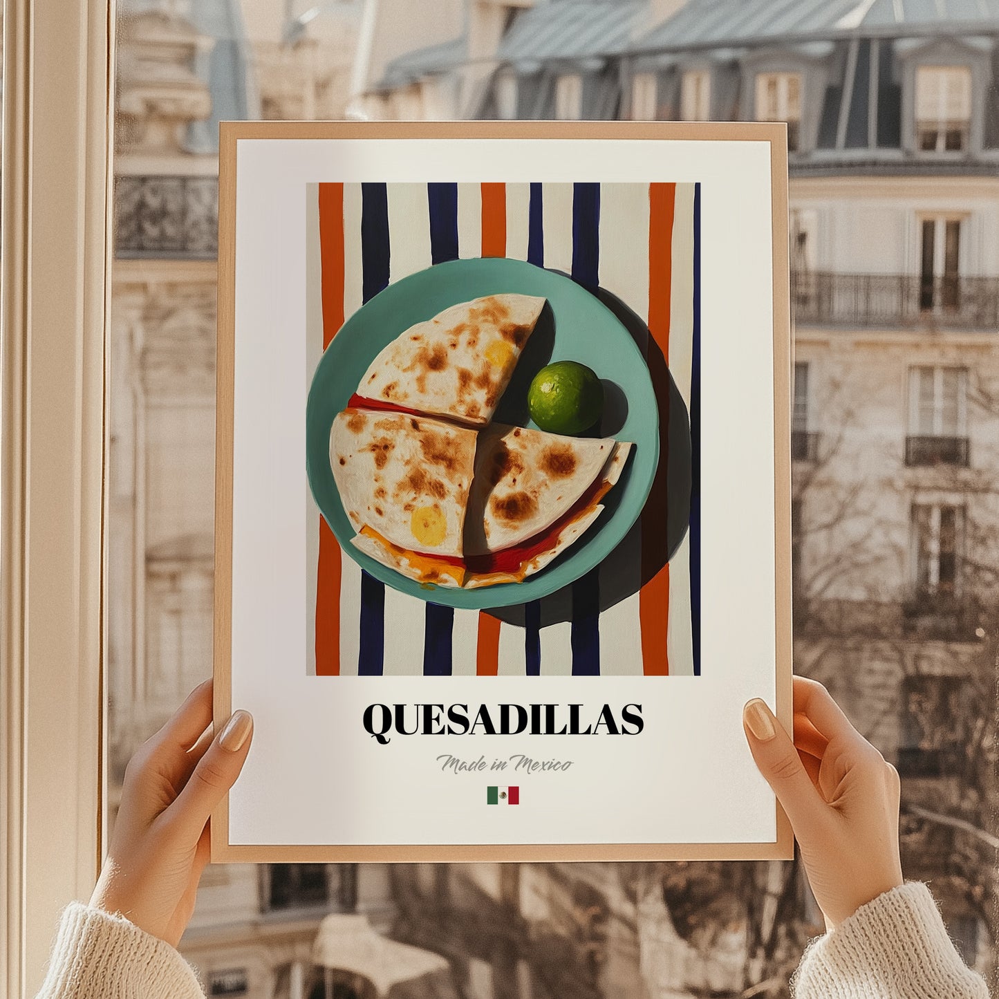 Quesadillas – on Striped Tablecloth, Mexican Cheese Wall Art, styled in a charming Paris street view