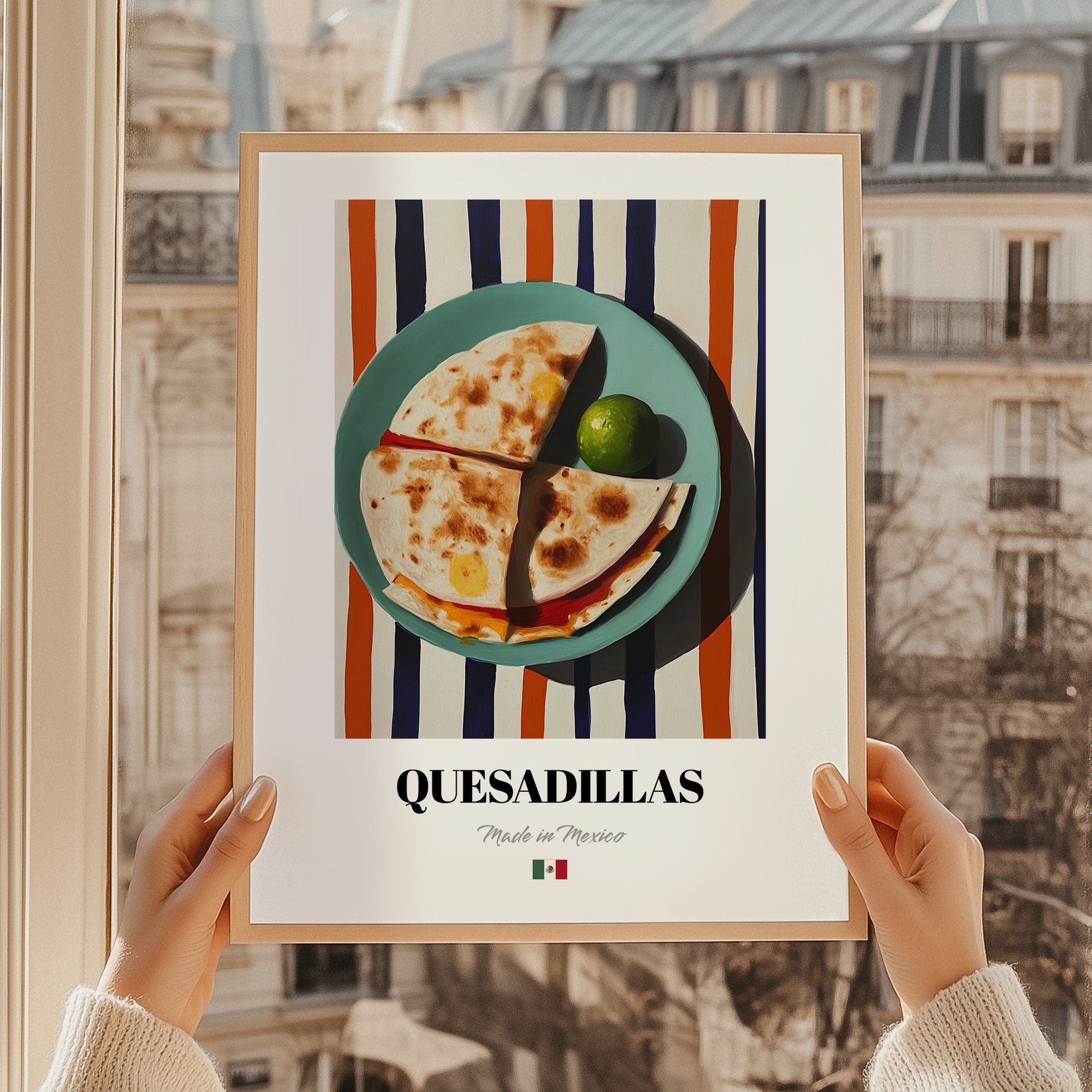 Quesadillas – on Striped Tablecloth, Mexican Cheese Wall Art, styled in a charming Paris street view