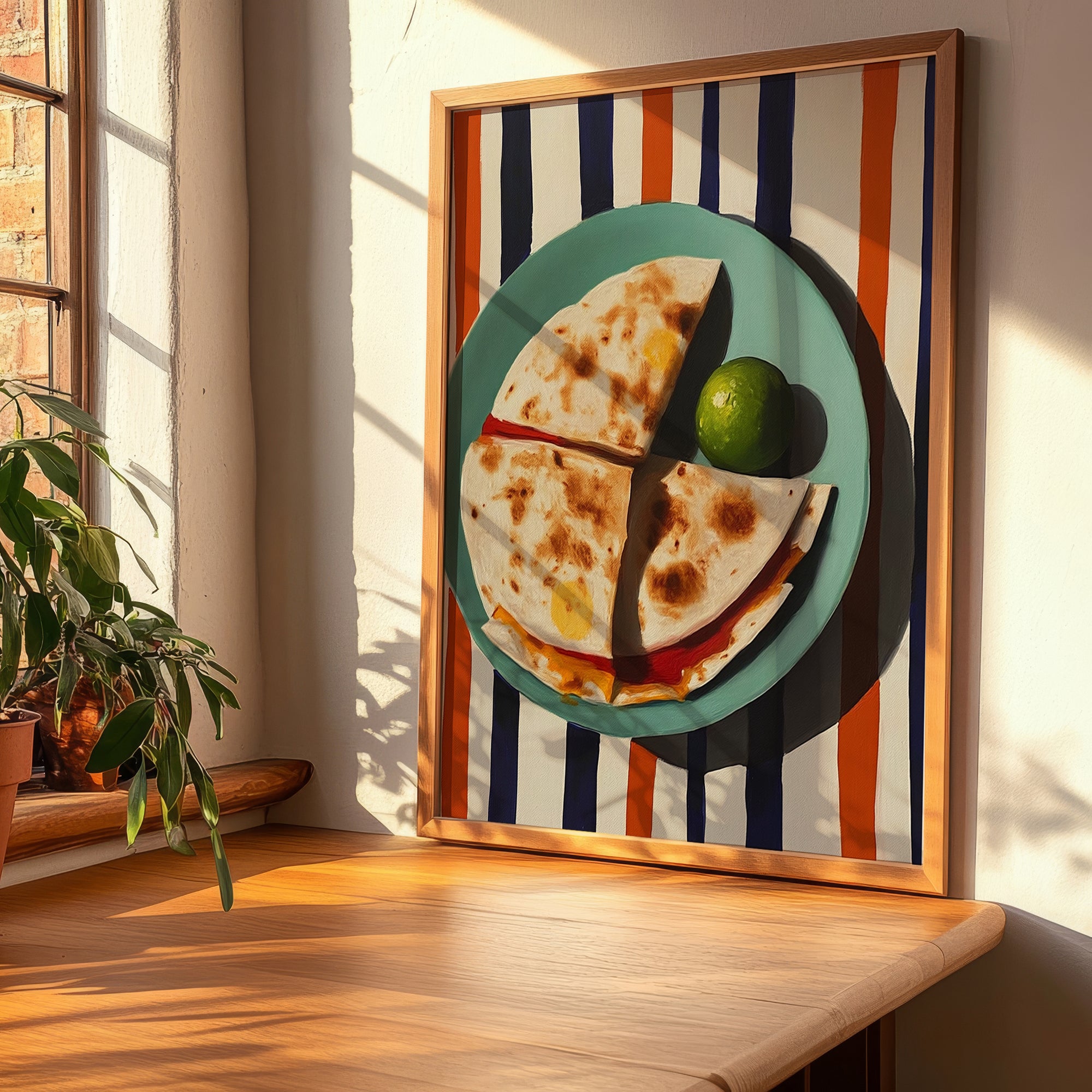 Quesadillas – on Striped Tablecloth, Mexican Cheese Wall Art, clean layout with no caption