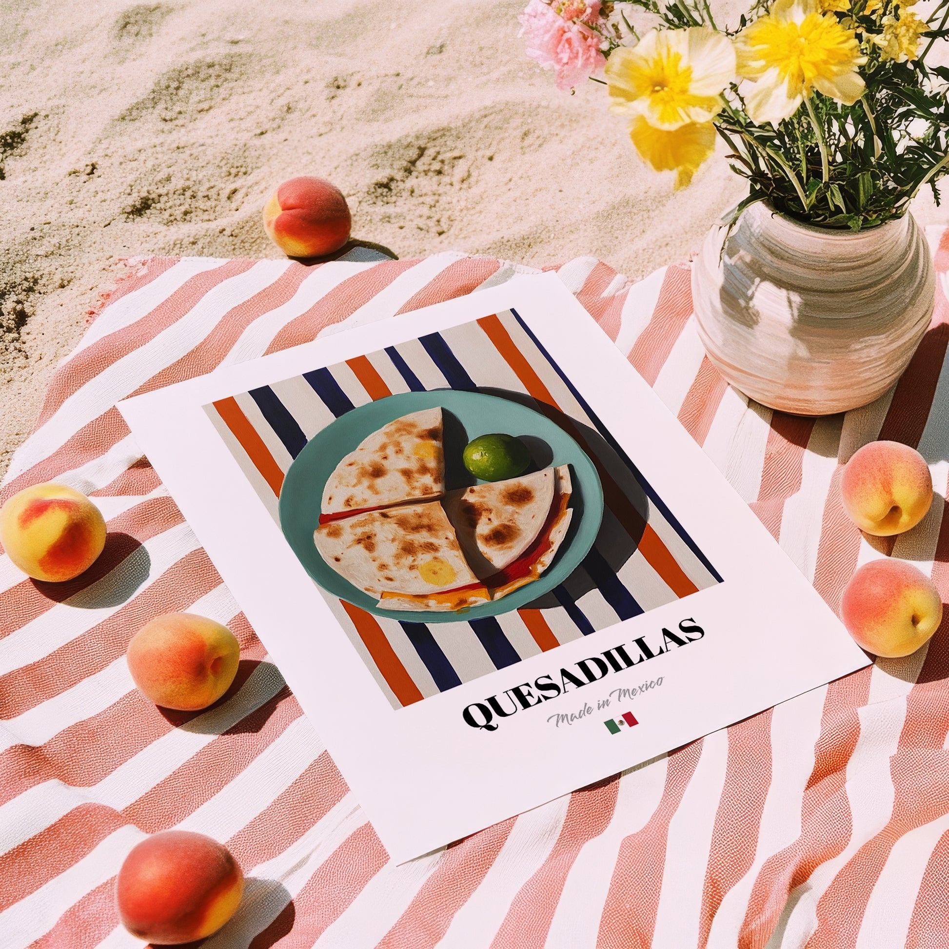 Quesadillas – on Striped Tablecloth, Mexican Cheese Wall Art, unframed on coastal sand