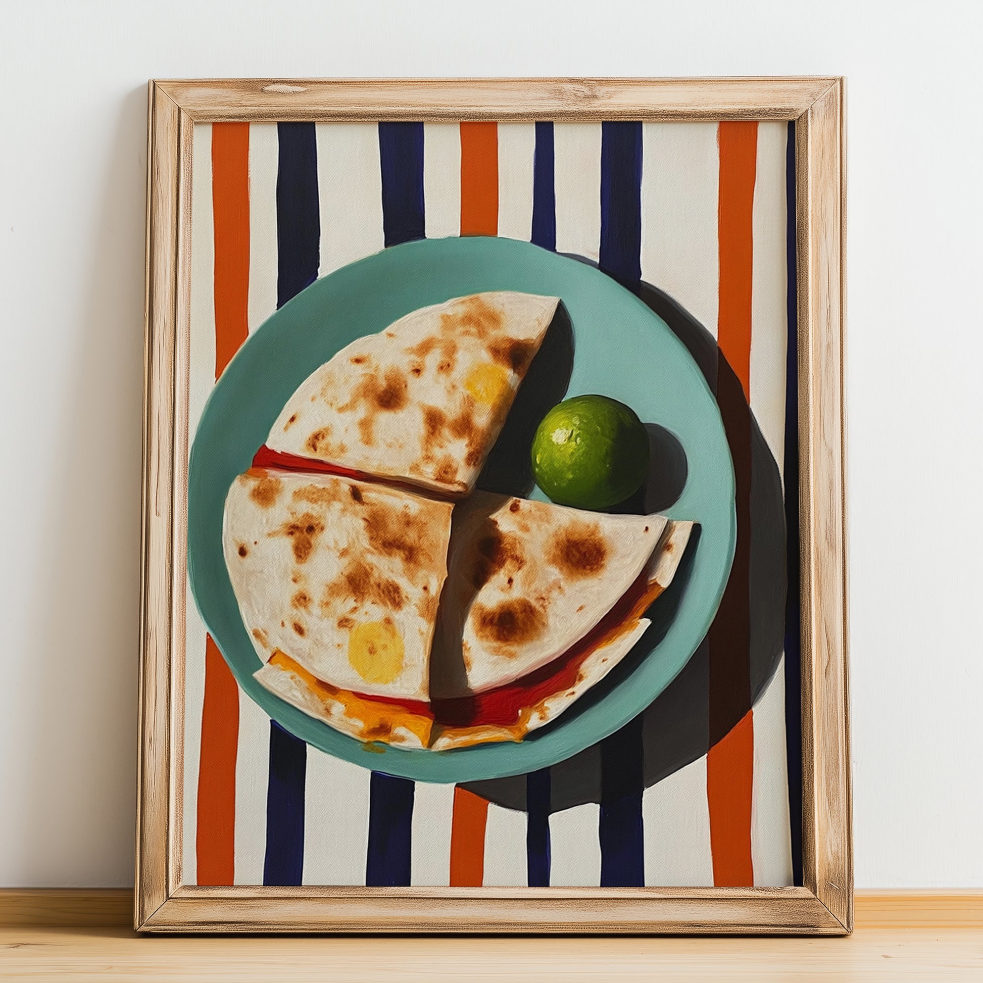 Quesadillas – on Striped Tablecloth, Mexican Cheese Wall Art, no-text version framed in wood