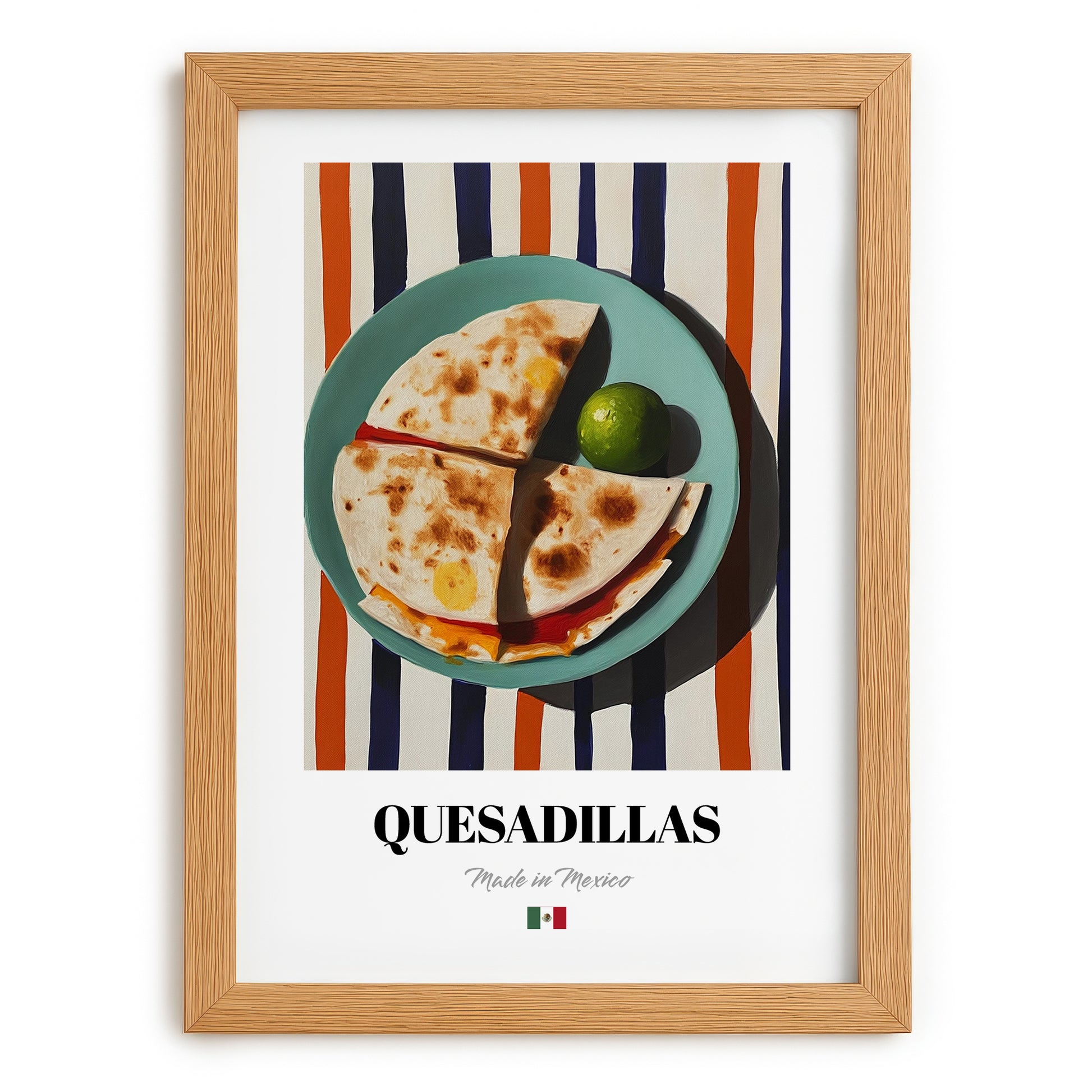 Quesadillas – on Striped Tablecloth, Mexican Cheese Wall Art, set in oak frame
