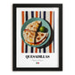 Quesadillas – on Striped Tablecloth, Mexican Cheese Wall Art, in sleek black frame