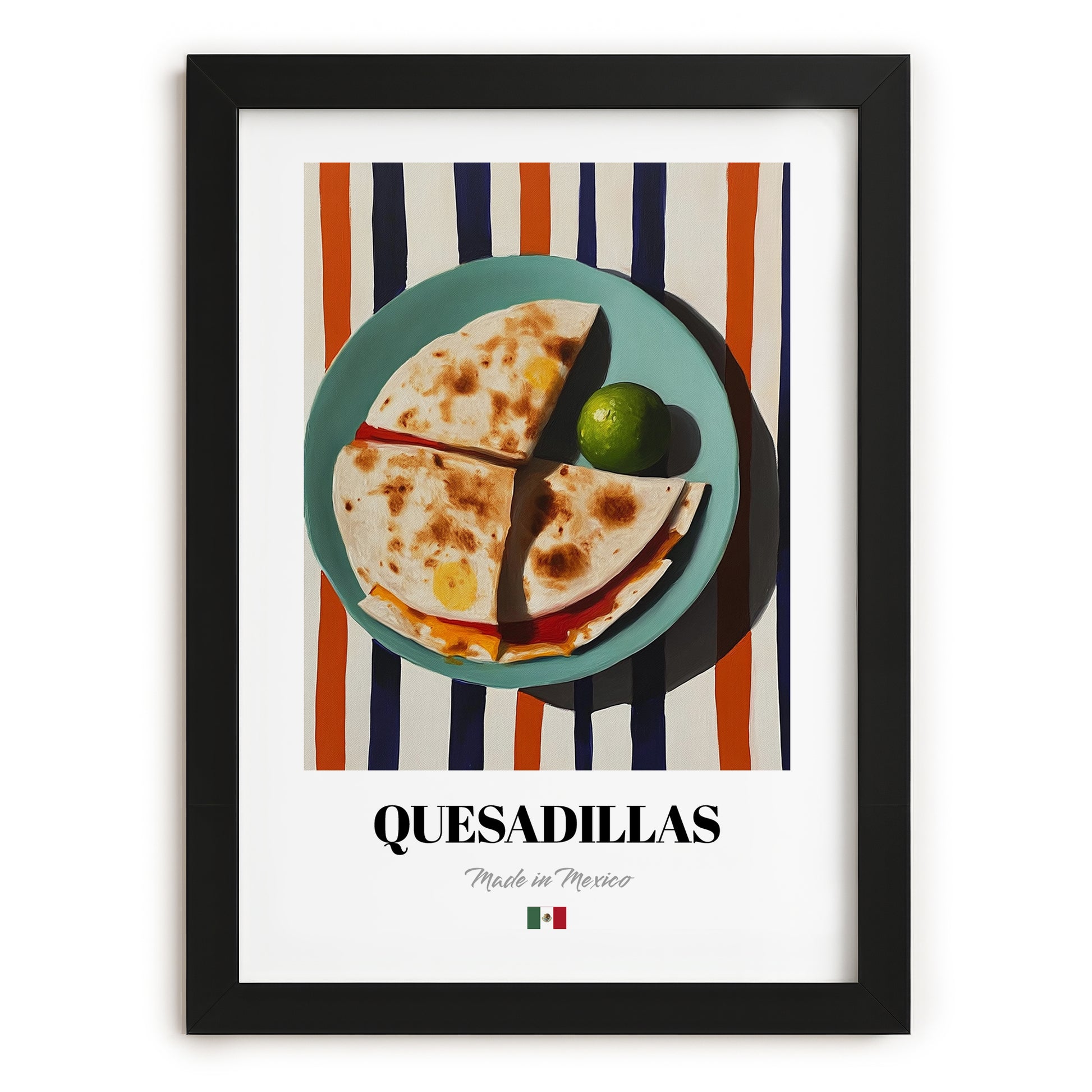 Quesadillas – on Striped Tablecloth, Mexican Cheese Wall Art, in sleek black frame