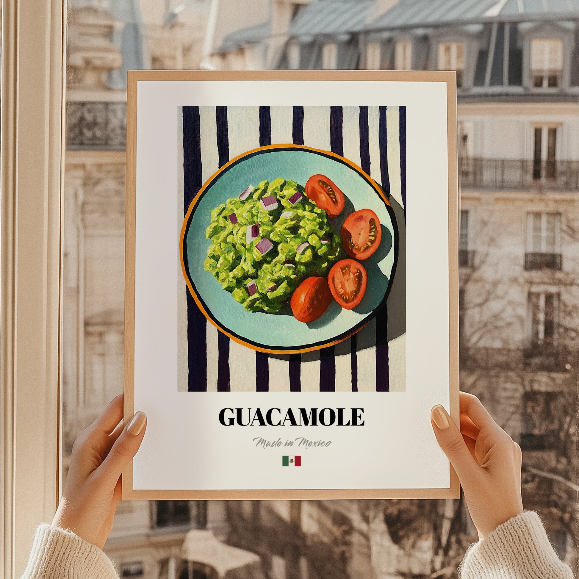 Guacamole – on Striped Tablecloth, Mexican Food Poster, styled in a charming Paris street view