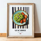 Guacamole – on Striped Tablecloth, Mexican Food Poster, in wooden frame leaning on the floor