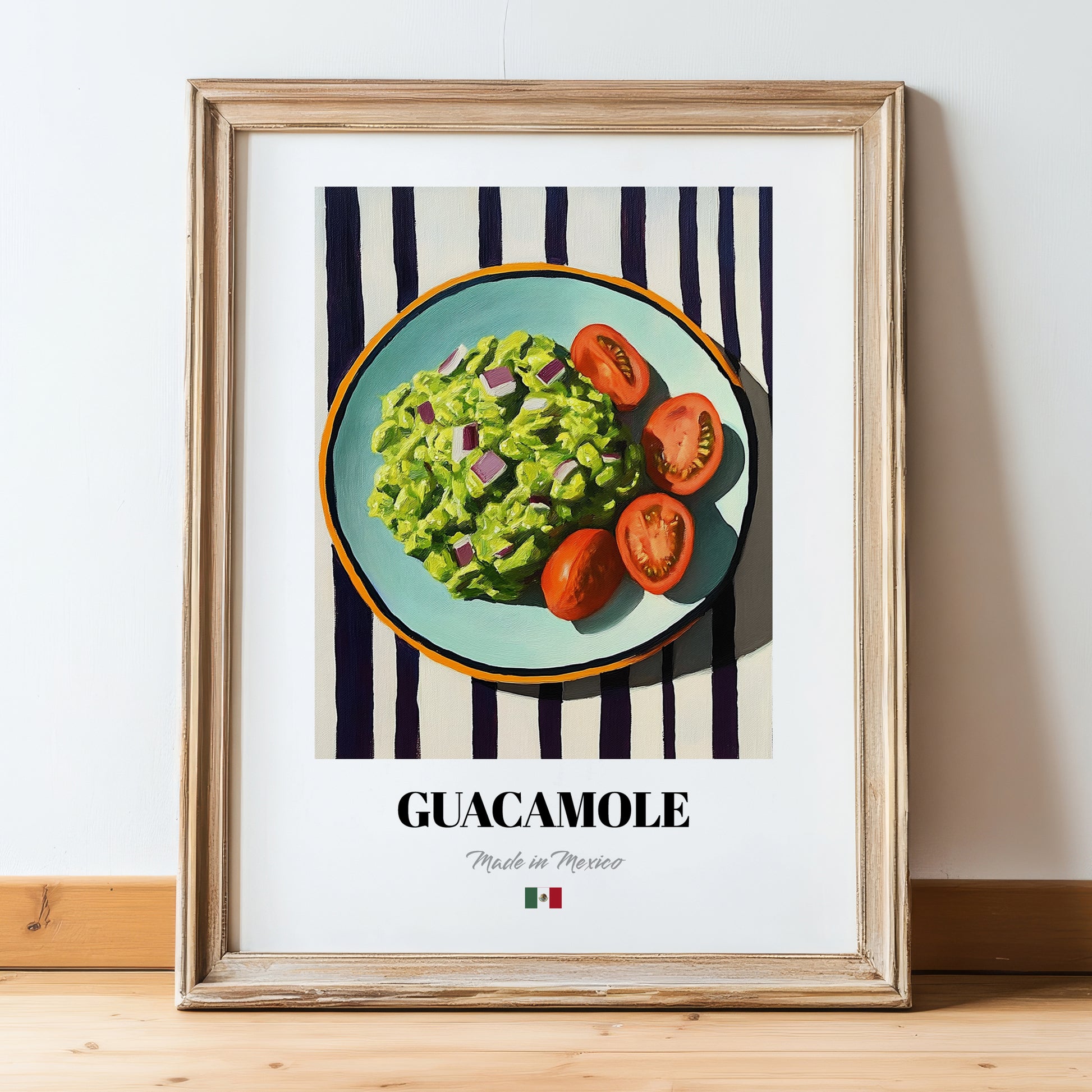 Guacamole – on Striped Tablecloth, Mexican Food Poster, in wooden frame leaning on the floor