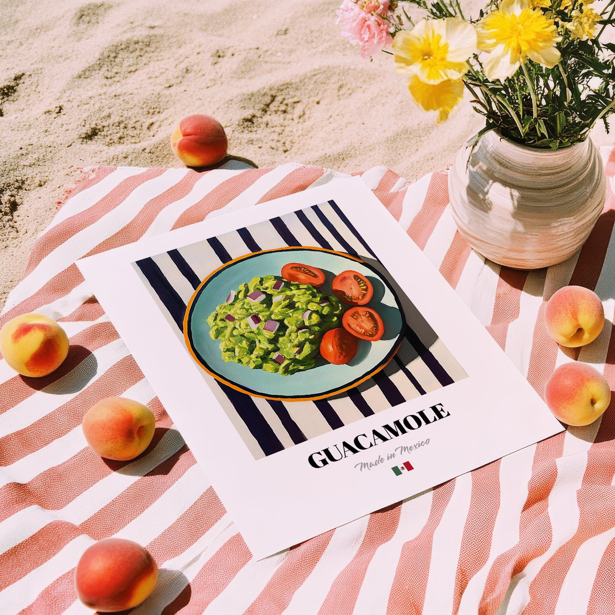 Guacamole – on Striped Tablecloth, Mexican Food Poster, unframed on coastal sand