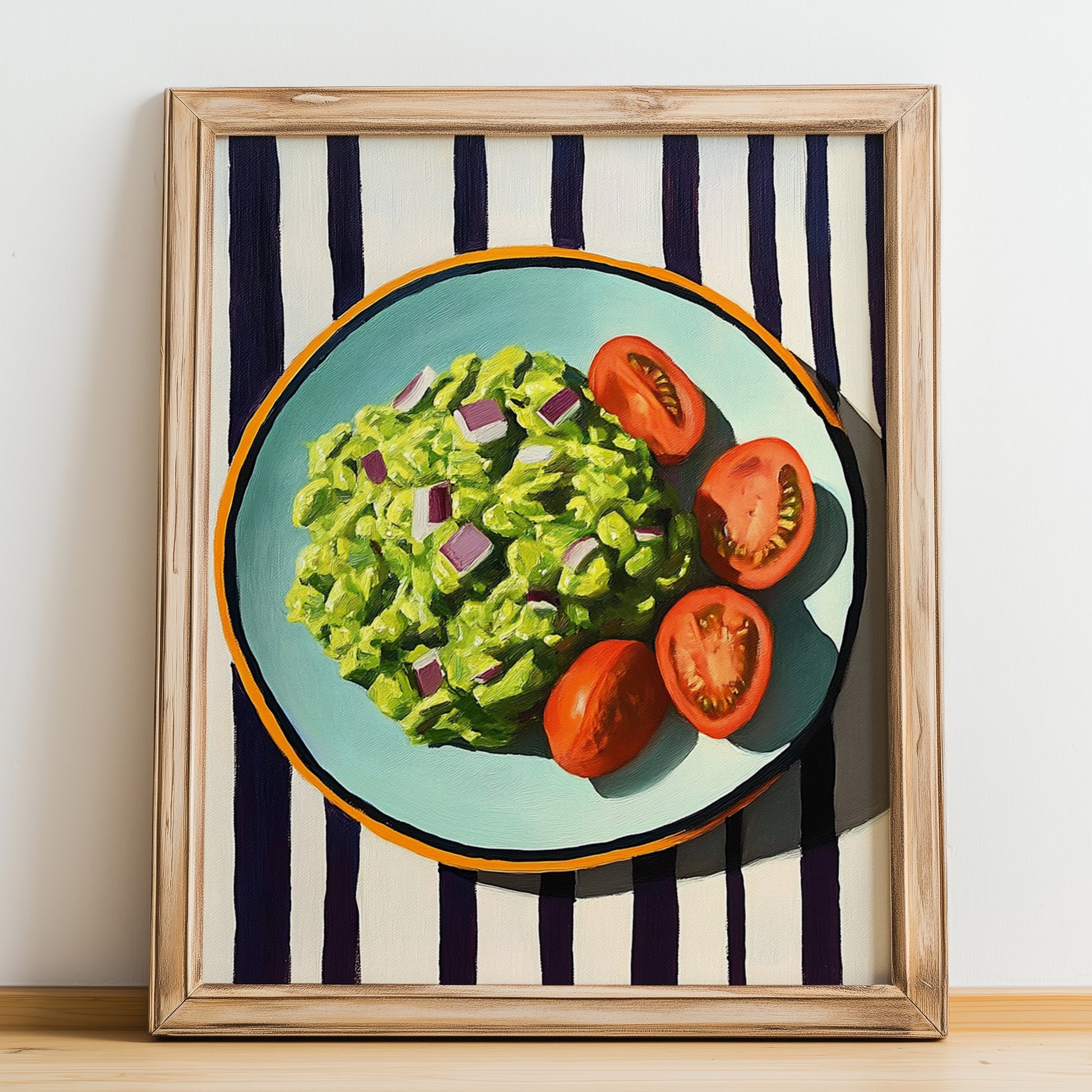 Guacamole – on Striped Tablecloth, Mexican Food Poster, no-text version framed in wood