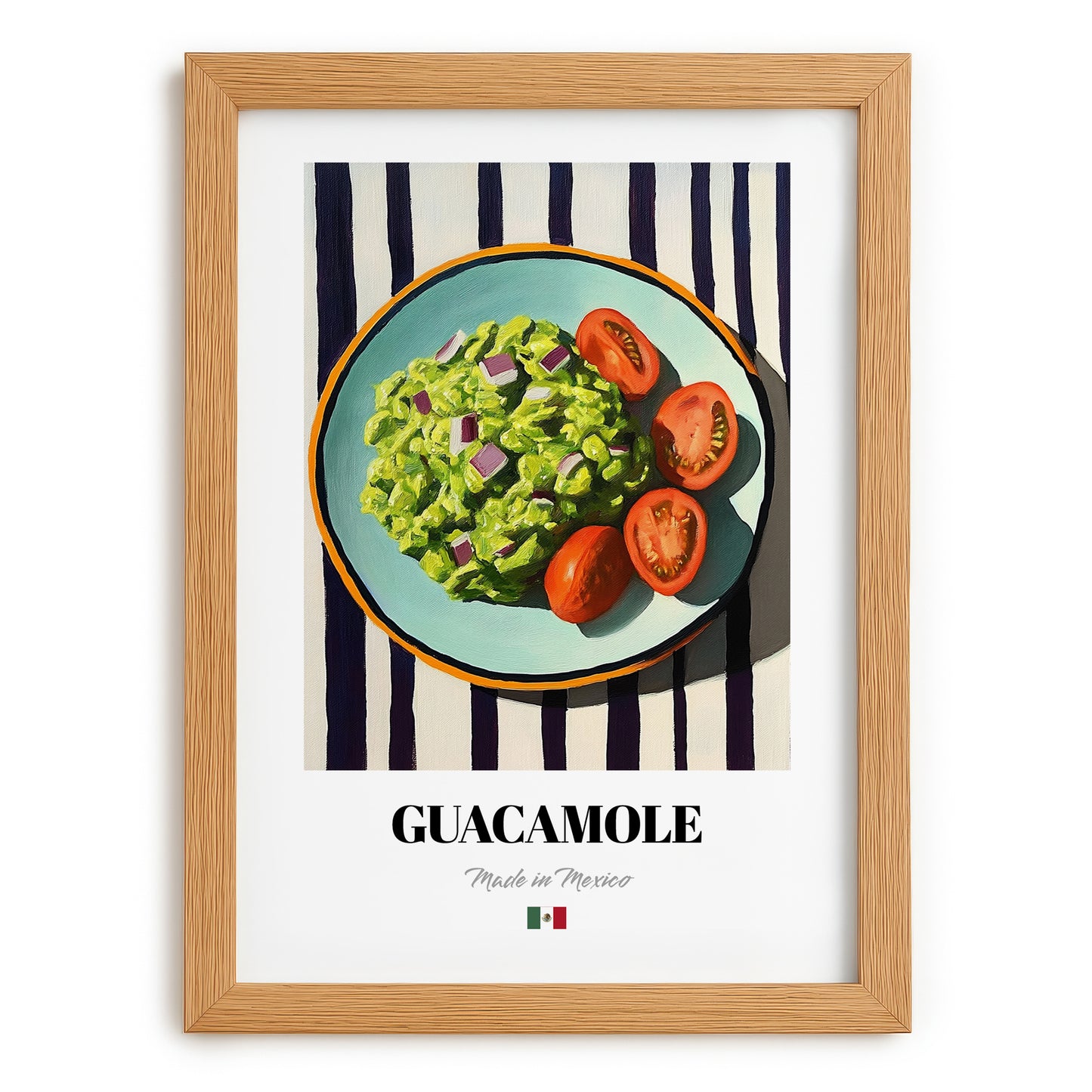 Guacamole – on Striped Tablecloth, Mexican Food Poster, set in oak frame
