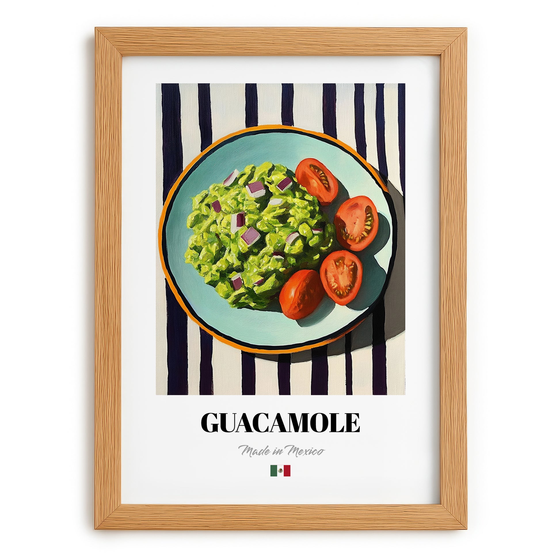 Guacamole – on Striped Tablecloth, Mexican Food Poster, set in oak frame
