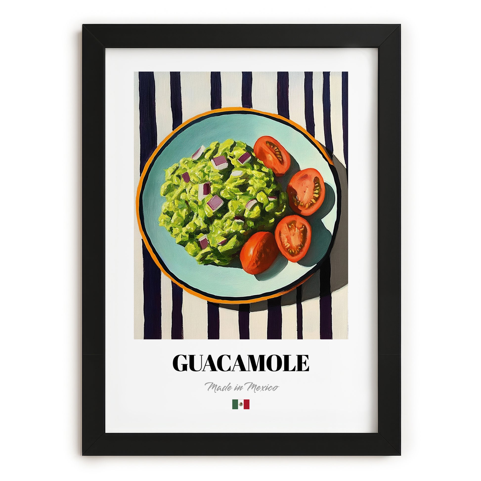 Guacamole – on Striped Tablecloth, Mexican Food Poster, in sleek black frame