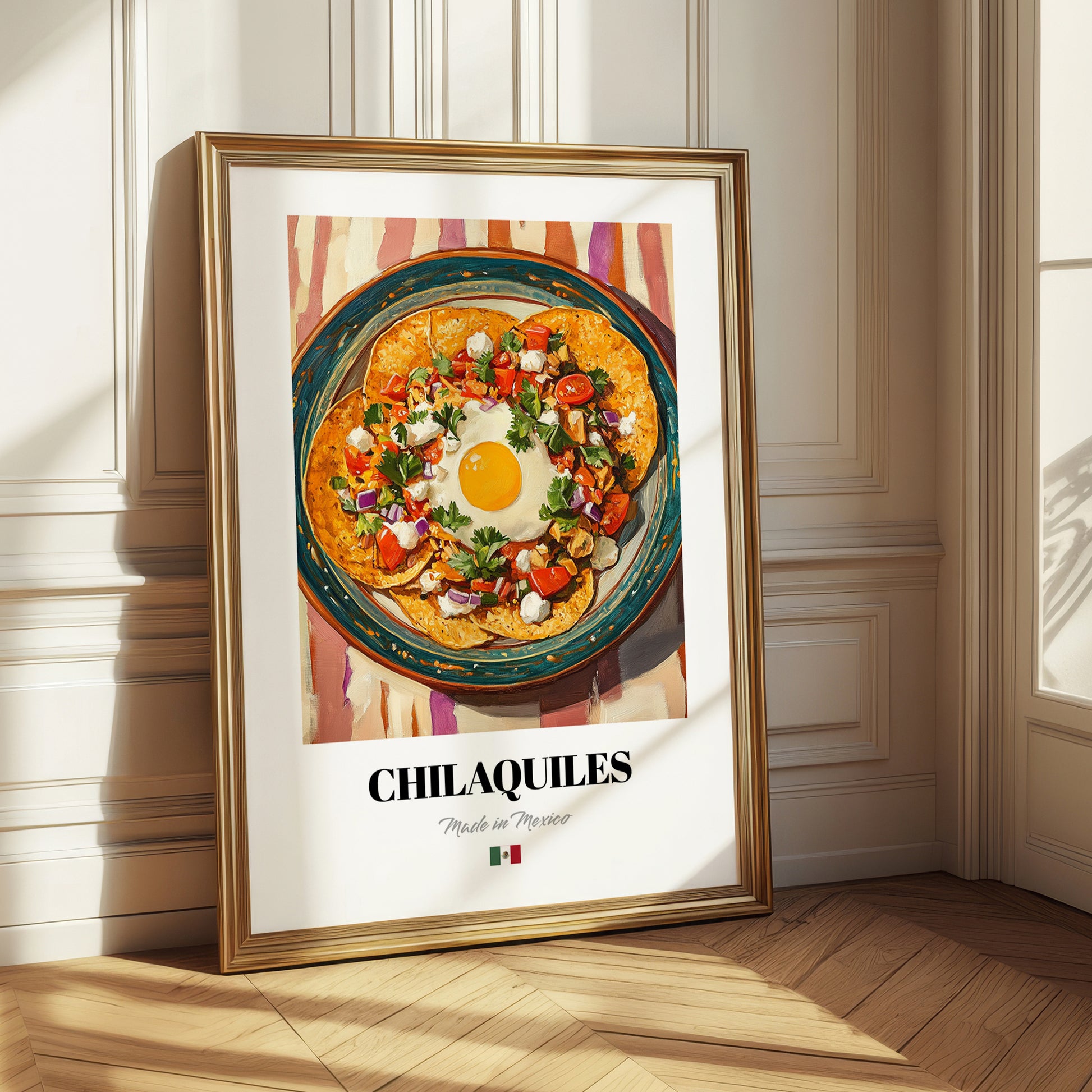 Chilaquiles – on Striped Tablecloth, Mexican Food Painting