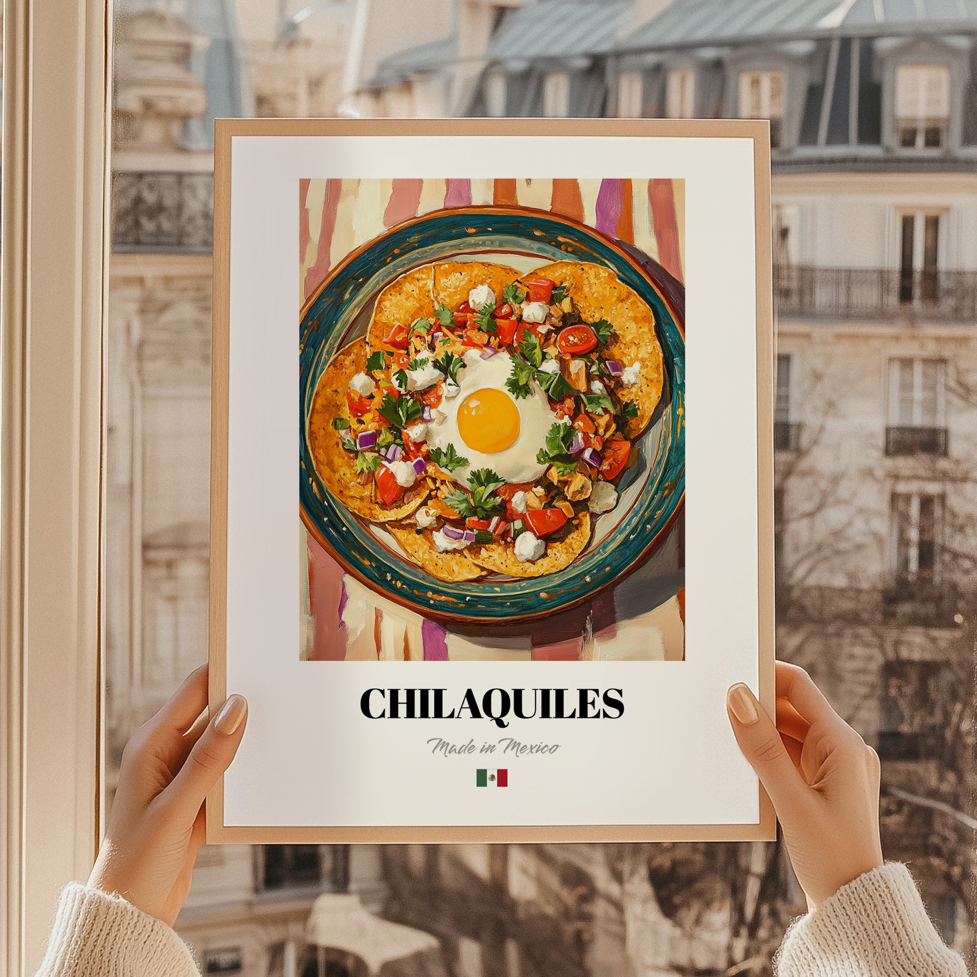 Chilaquiles – on Striped Tablecloth, Mexican Food Painting, styled in a charming Paris street view