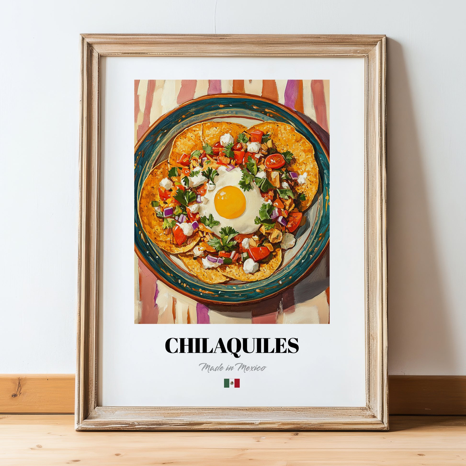 Chilaquiles – on Striped Tablecloth, Mexican Food Painting, in wooden frame leaning on the floor
