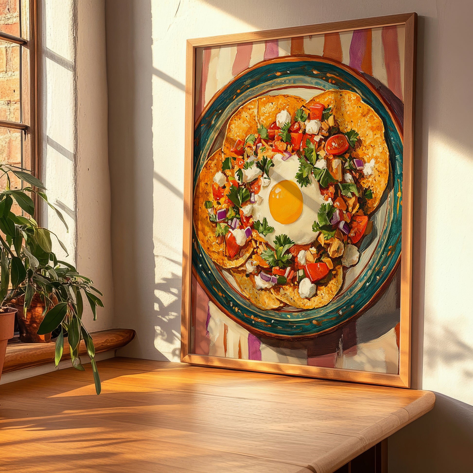 Chilaquiles – on Striped Tablecloth, Mexican Food Painting, clean layout with no caption