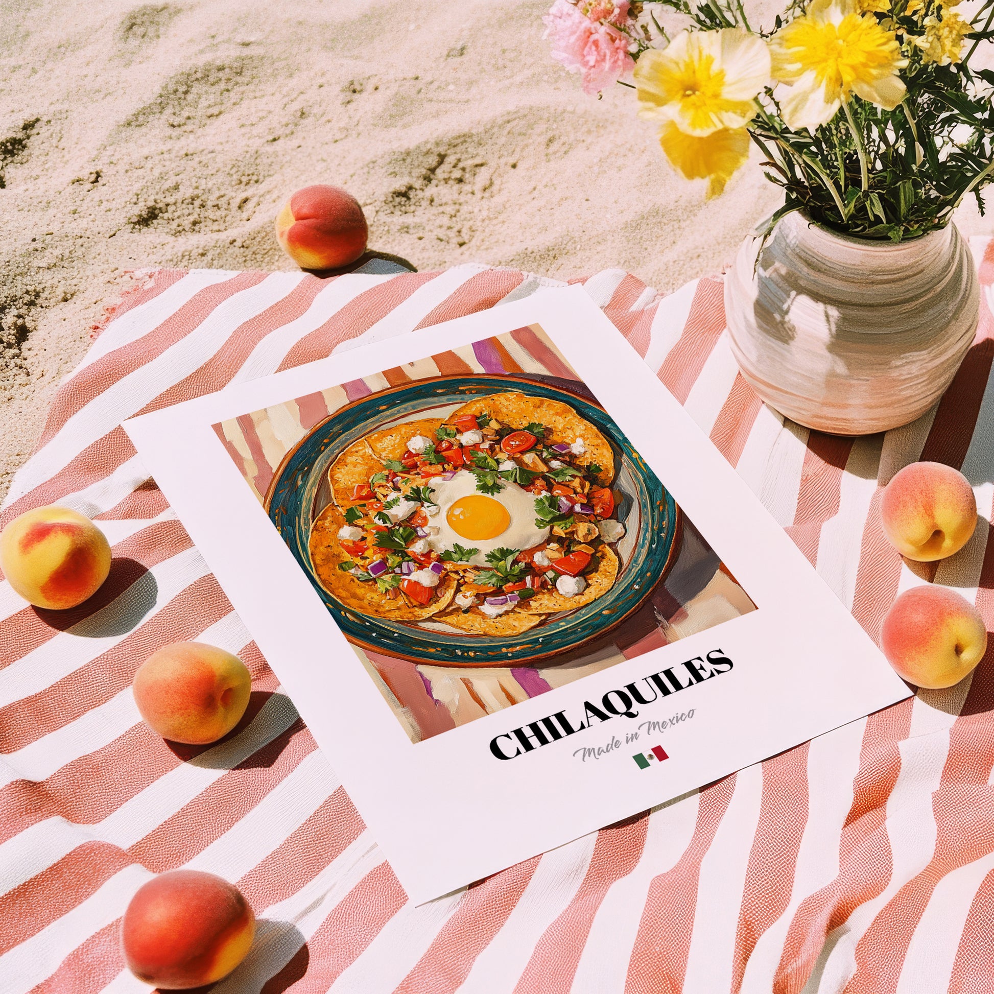 Chilaquiles – on Striped Tablecloth, Mexican Food Painting, unframed on coastal sand