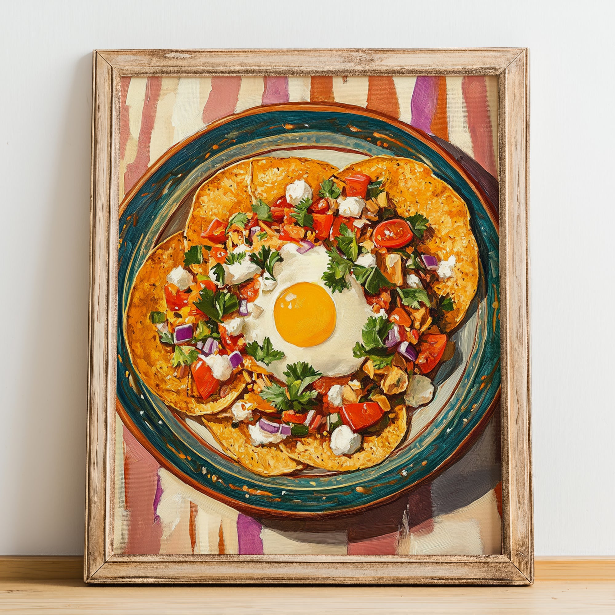 Chilaquiles – on Striped Tablecloth, Mexican Food Painting, no-text version framed in wood